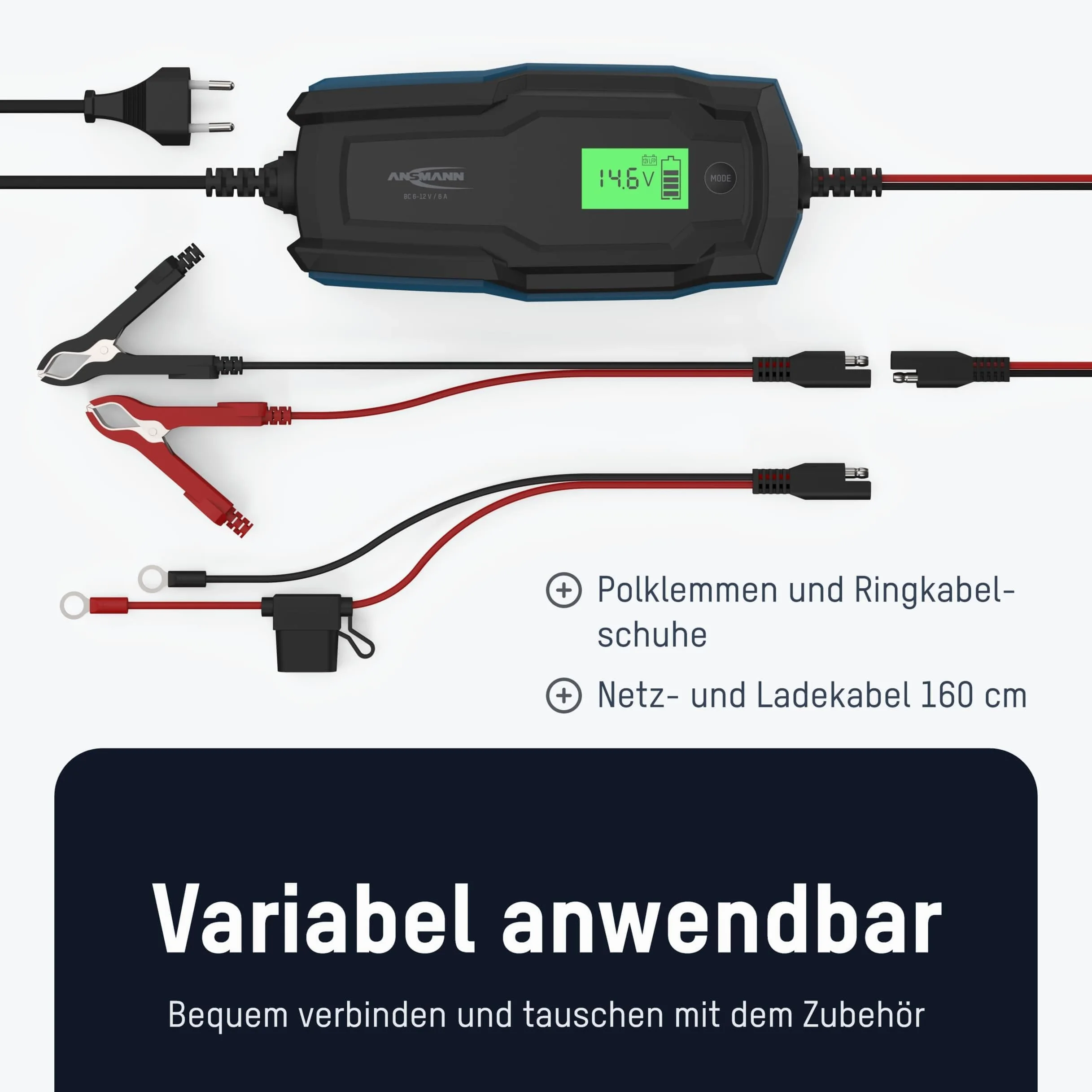 ANSMANN Cargador Inteligente de 10 Pasos 6 V 12 V/6 A con Pantalla LCD para baterías Plomo-Acido, Plomo-Gel y Plomo-Lies, así como baterías de 12 V LiFePo4 para Coche, Moto y Furgoneta