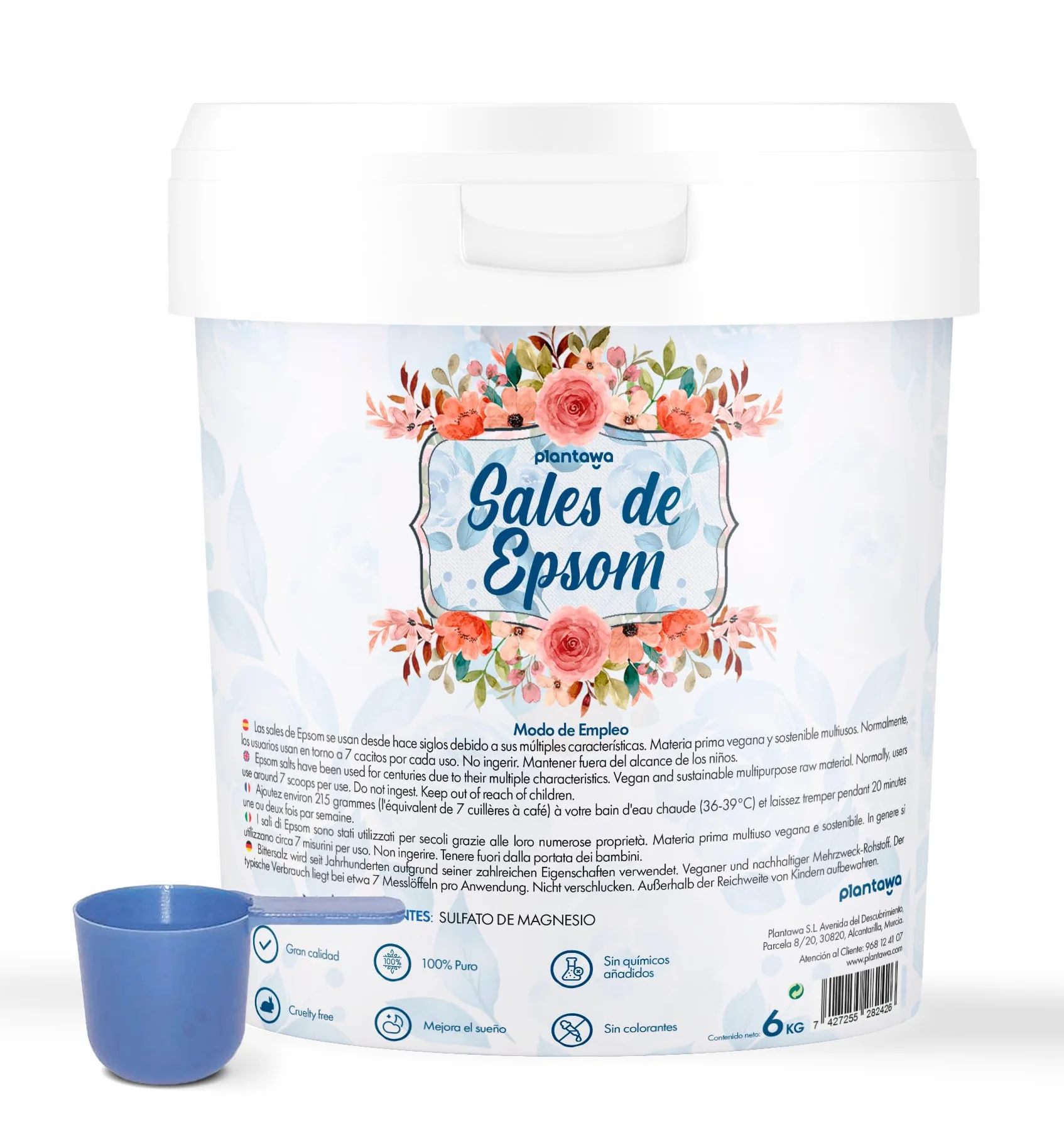 Plantawa Sales de Epsom 6KG Sal de Baño Concentrado de Magnesio Puro Sin Toxinas 100% Natural Cuidado Personal