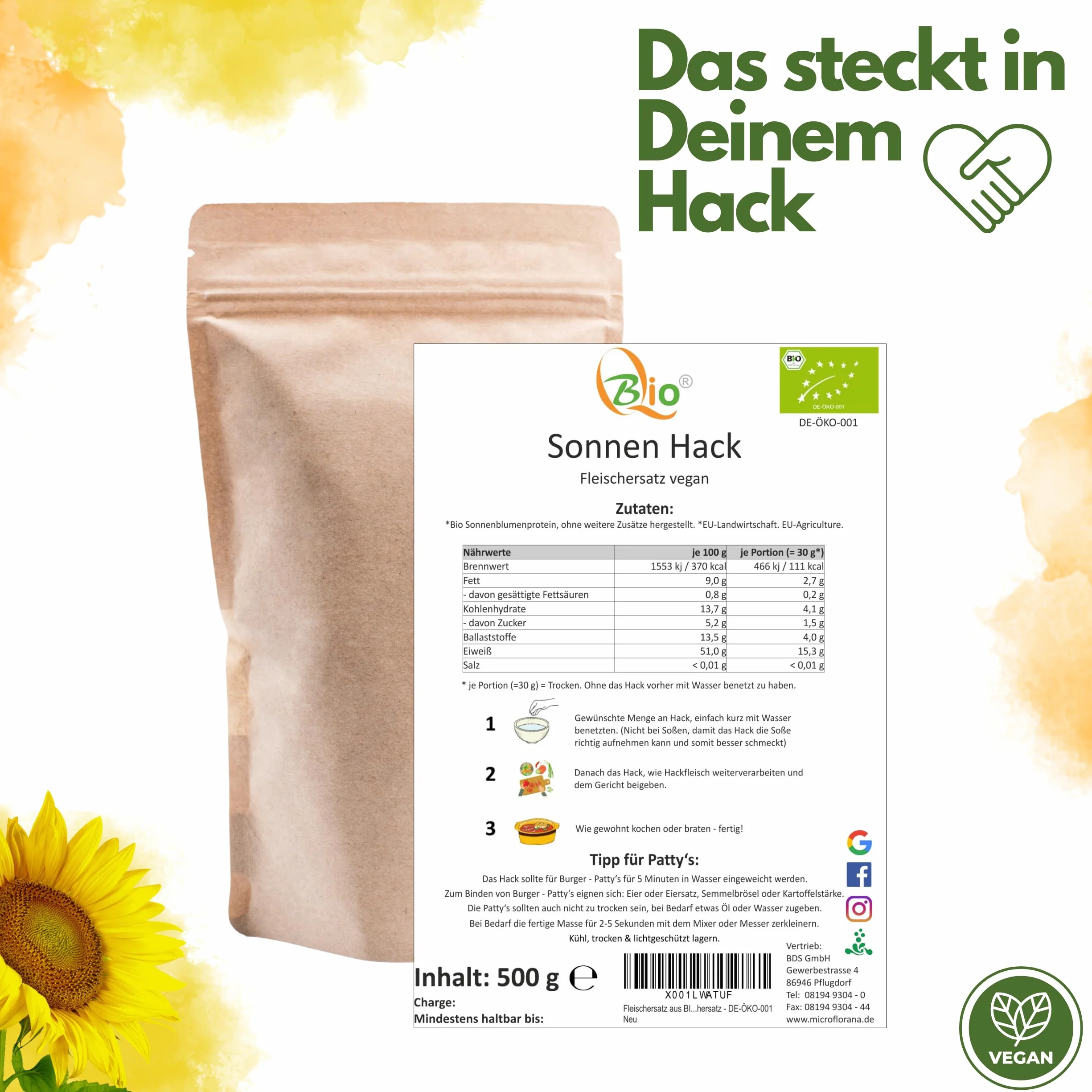Sustituto de carne picada de girasol ecológica 500 g proteína vegetal vegano sin gluten