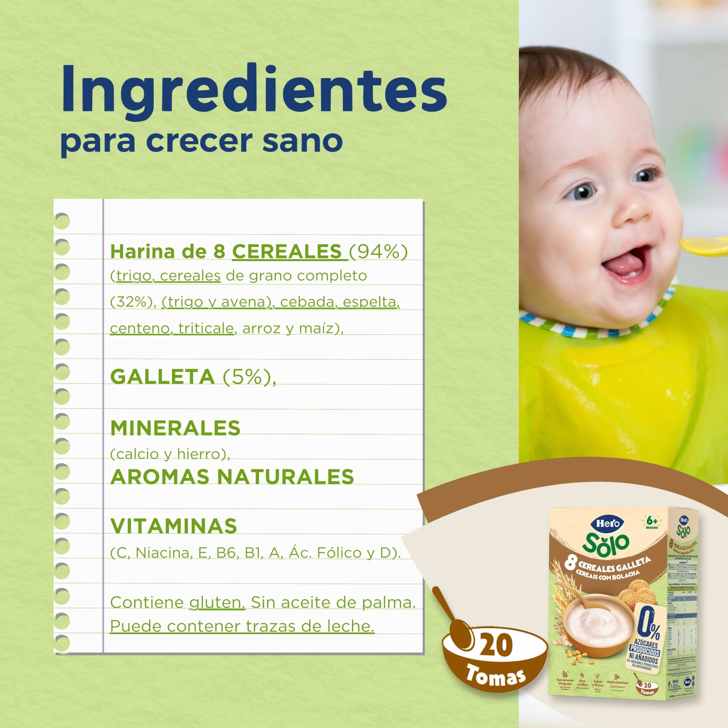 Hero Solo Papilla 8 Cereales con Galleta Sin Azúcares Añadidos para Bebés 6 Meses