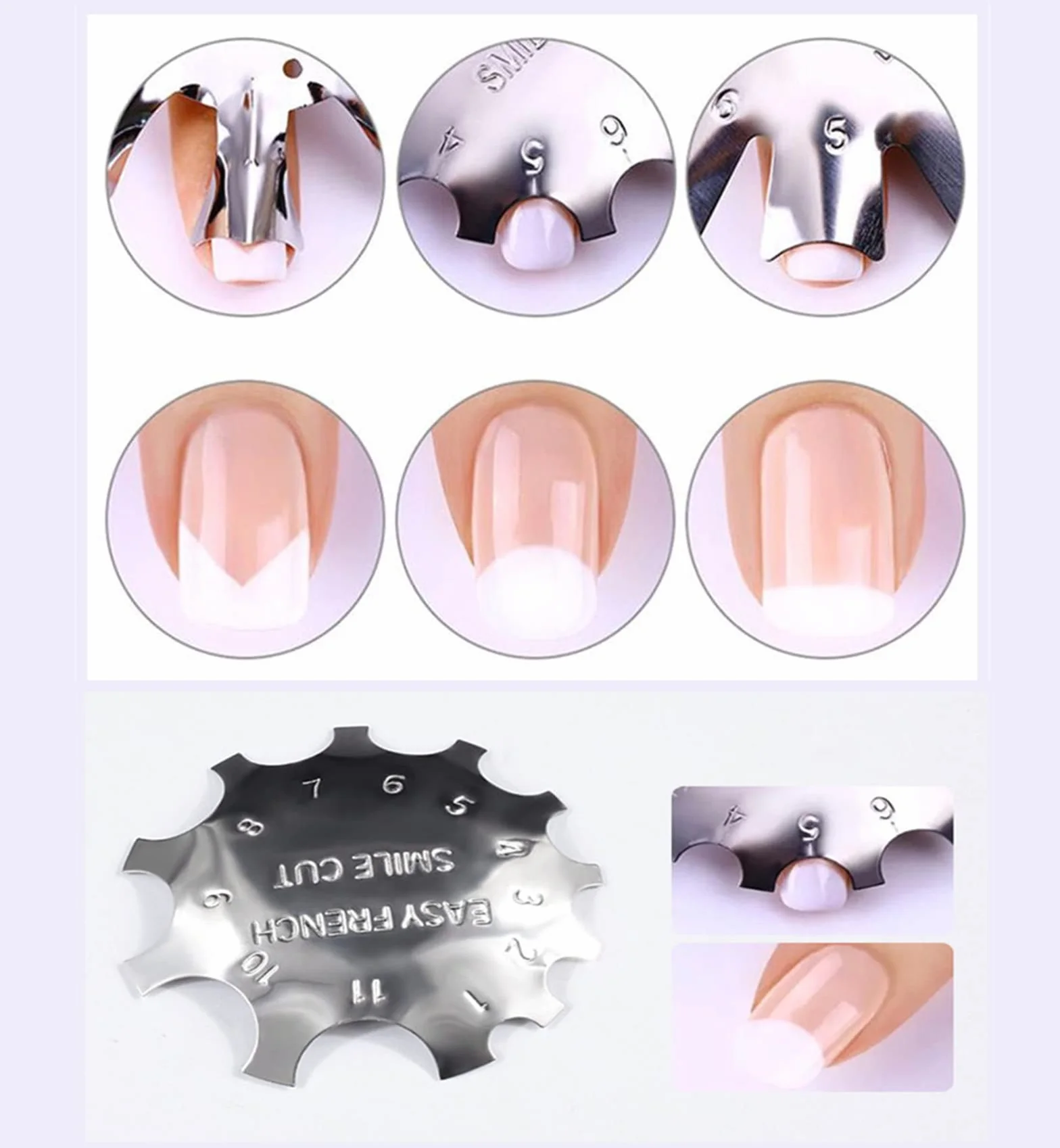 French Smile Line Edge Trimmer Cutter 4 Piezas, Nail Art Metal Plantilla Cutter Acrílico UV Gel, 4 Formas Plata