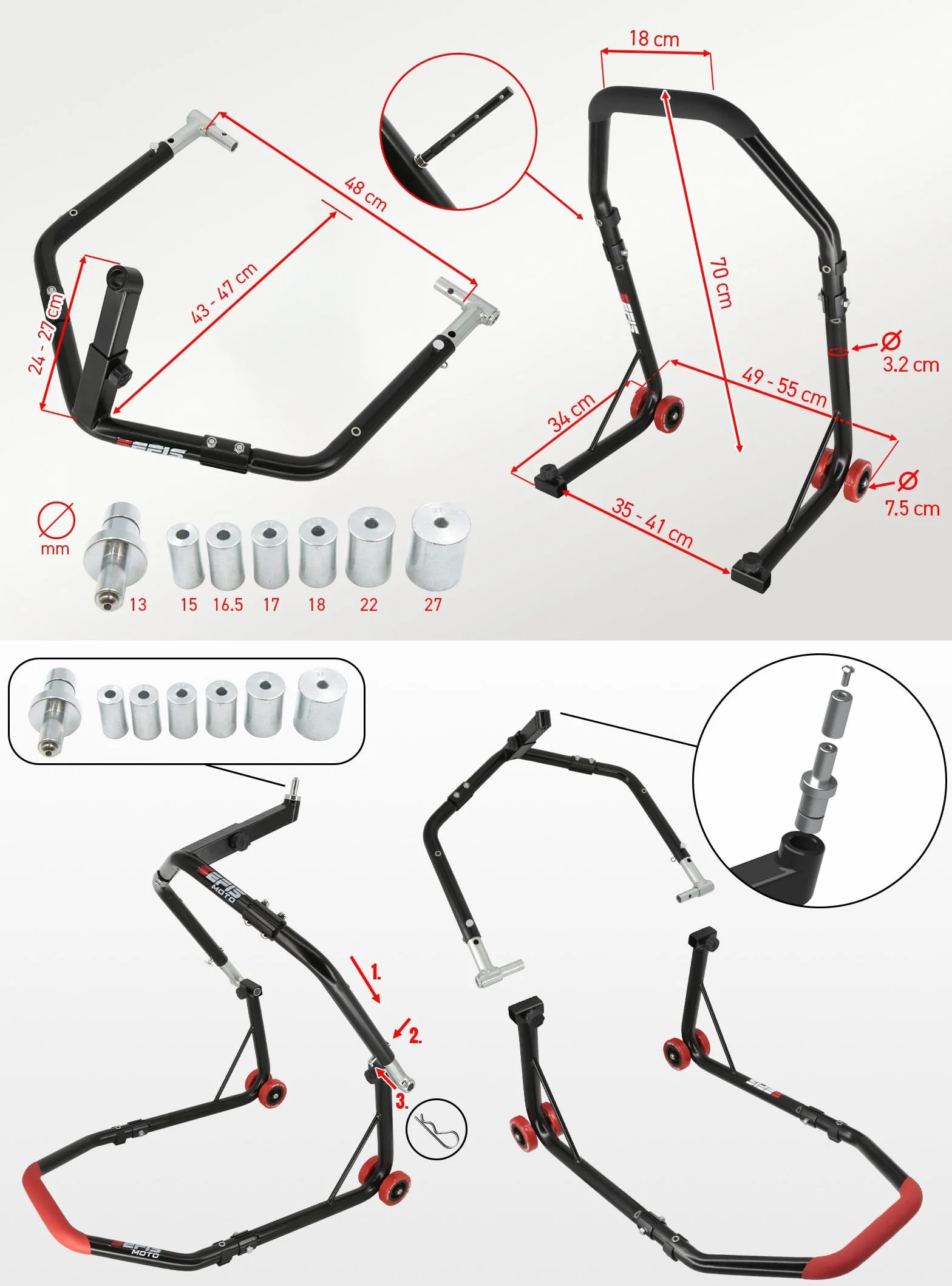 SEFIS D18 Set de caballetes para motocicleta, caballete de rueda delantera, elevador de rueda trasera, soporte de servicio frontal y trasero, caballete de montaje trasero para motocicleta, set de