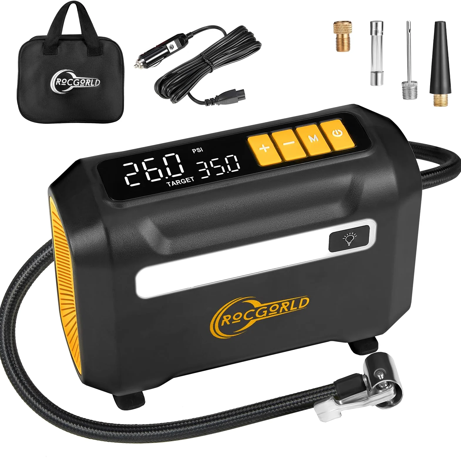 ROCGORLD R8 - Compresor de aire portátil para inflador de neumáticos, compresor de aire portátil de 12 V CC con pantalla digital doble grande, inflación 3 veces más rápida para neumáticos de coche