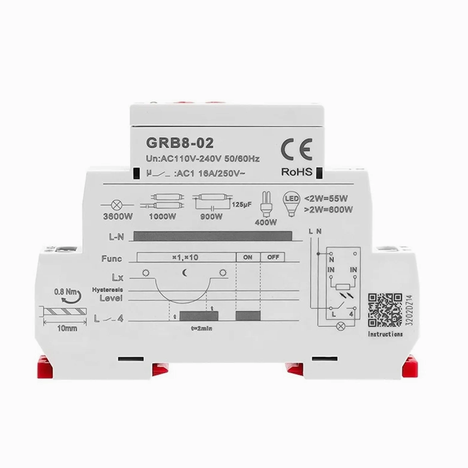 GRB8-01/02 Interruptor crepuscular de riel DIN Temporizador fotoeléctrico Sensor de luz Relé CA 110 V-240 V Automático(GRB8-01 AC110-240V)
