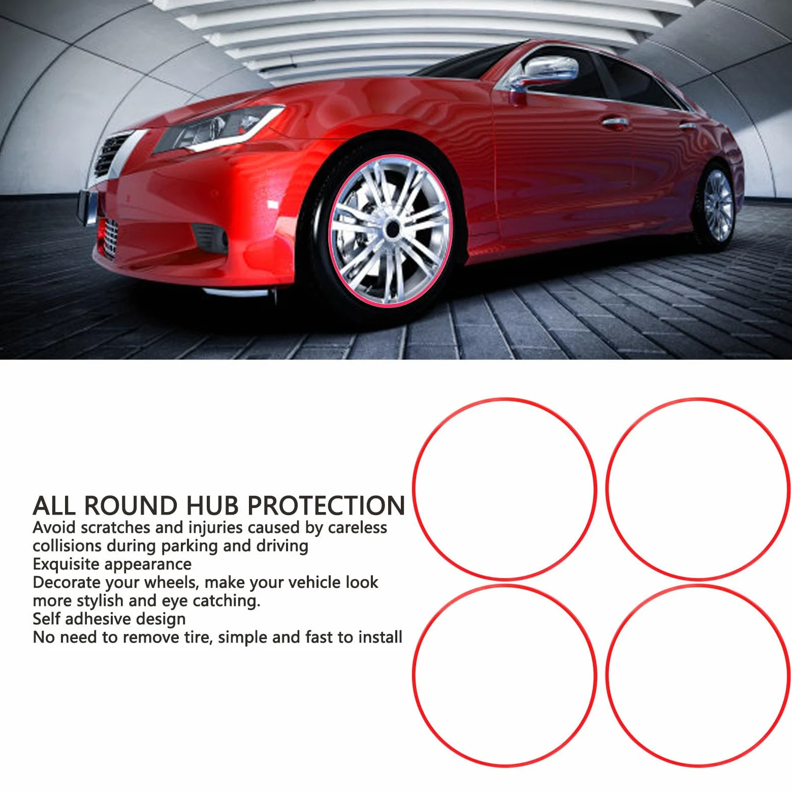 Protector de Llanta de Rueda de 21 Pulgadas, Rojo, Aleación de Aluminio, Protector Autoadhesivo a Prueba de Rayones con Bordes de Rueda Planos Adhesión de Pegamento Posterior