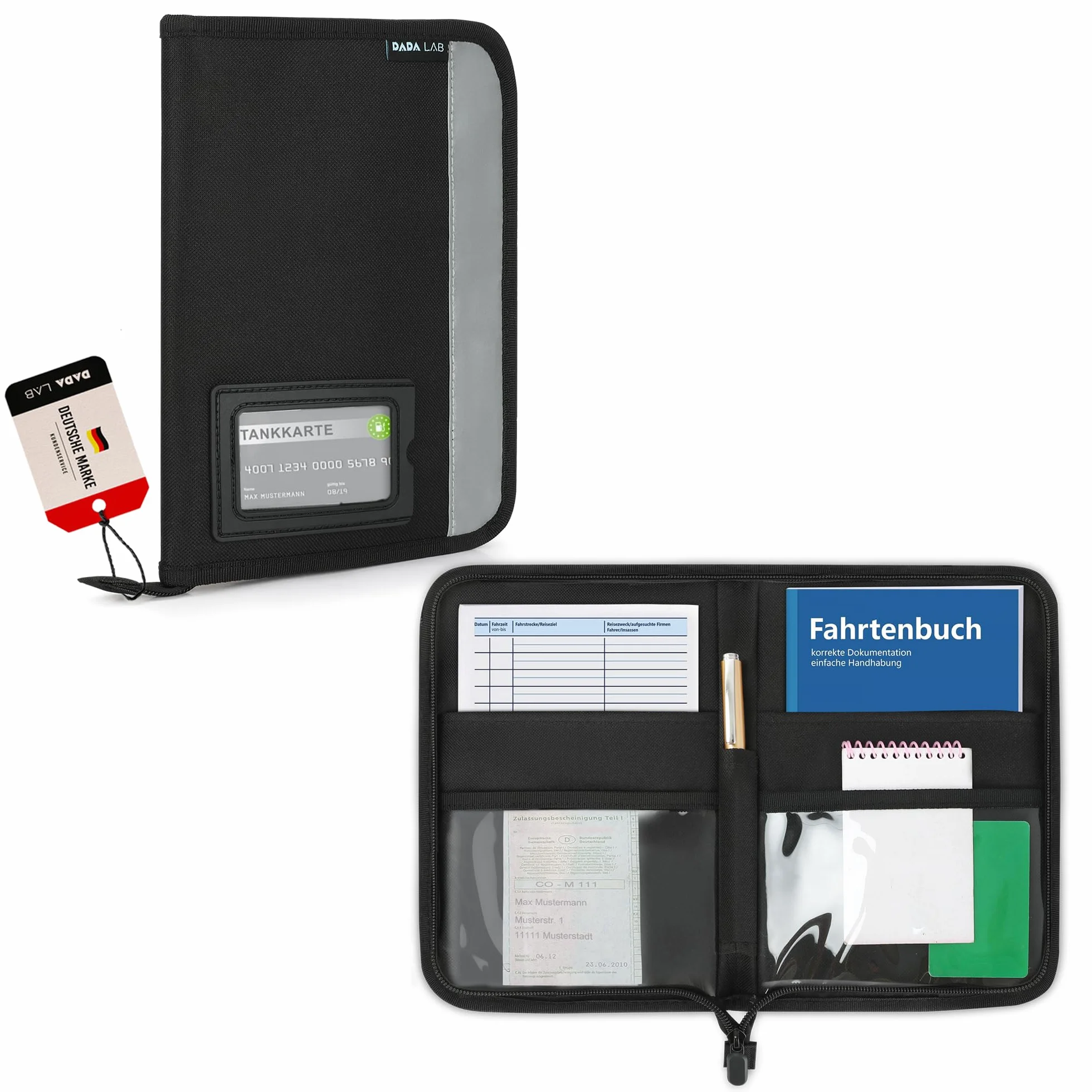 Carpeta para coche A5, guantera, 4 compartimentos, rayas reflectantes, compartimento para tarjetas separado, carpeta para documentos, color negro