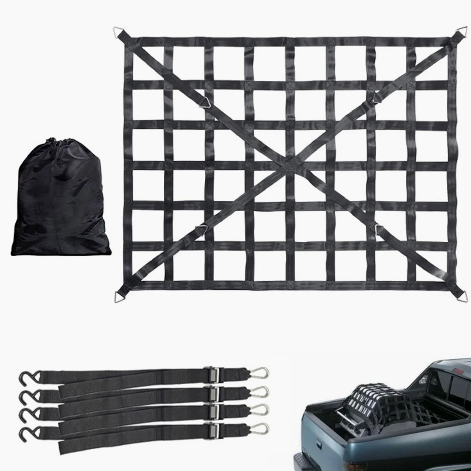Red elástica para carga | Red de carga extensible y resistente – Red de | almacenamiento de maletero elástica ajustable con 4 cinturones fijos para SUV, coches y camiones