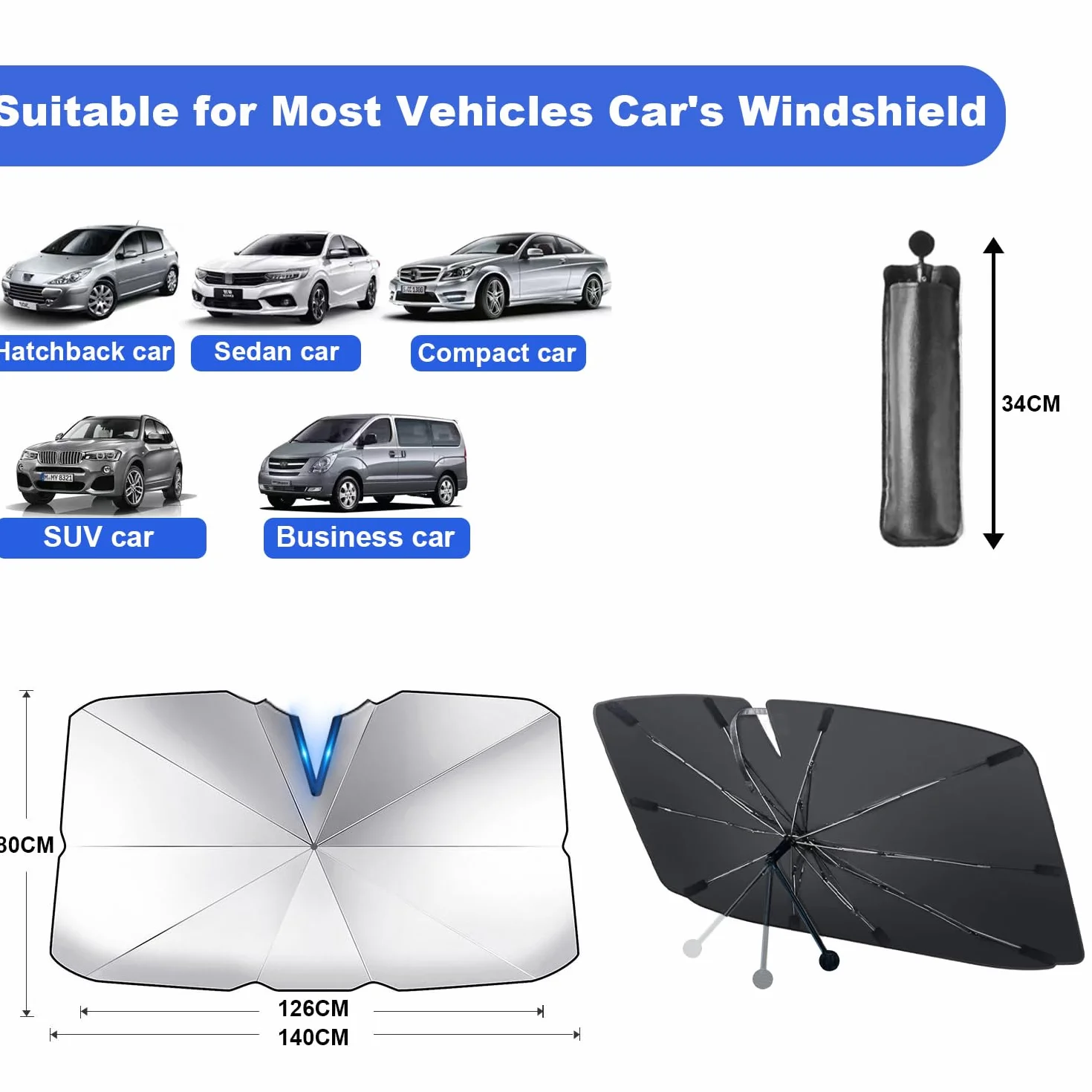 LELYFIT Parasol Parabrisas Delantero Coche Plegable Barra Ajustable Protección UV Solar 140 x 80 cm