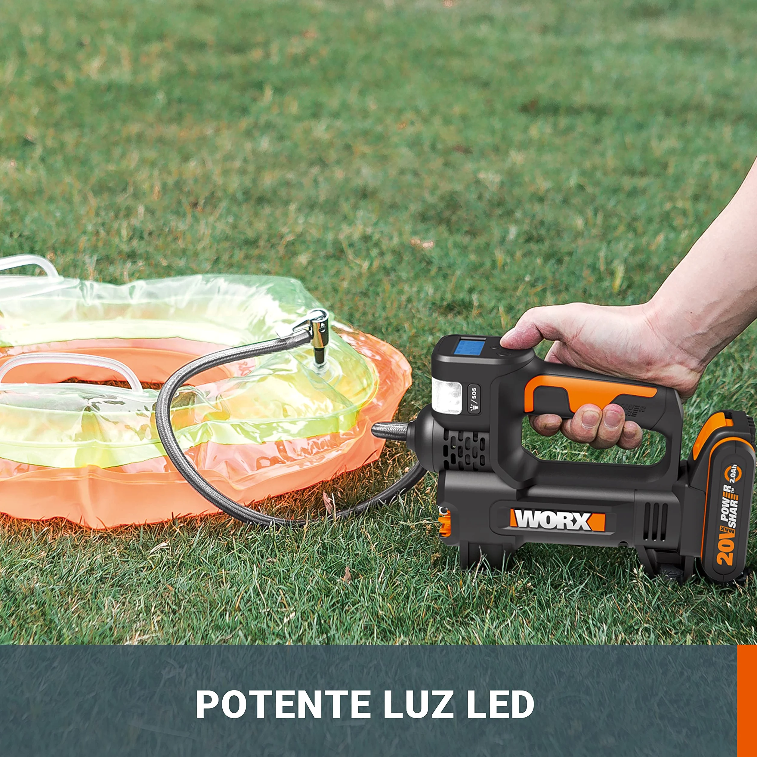 WORX 18V(20V MAX) Inflador sin Cable, Powershare, Potente Luz Led y Luz de Emergencia SOS, Alta Presión Máx. 150 PSI, 1 Batería incluida, WX092
