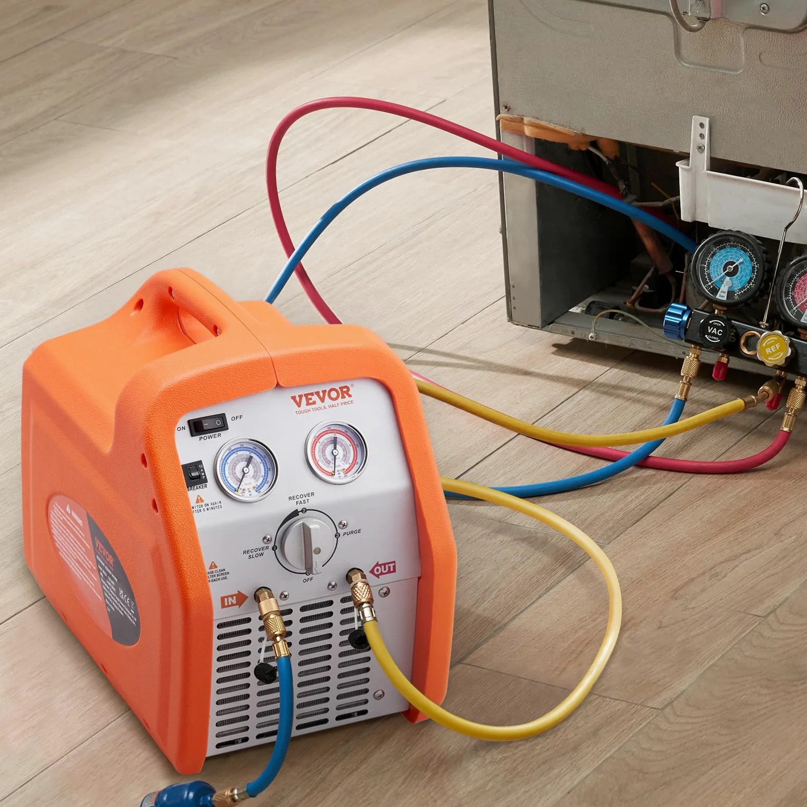 VEVOR Máquina de Recuperación de Refrigerante Portátil 3/4 HP Máquina de Recuperación con Protección de Alta Presión 2,2 kg/min Velocidad de 1450 RPM Autolimpieza para Vapor Líquido Refrigerante