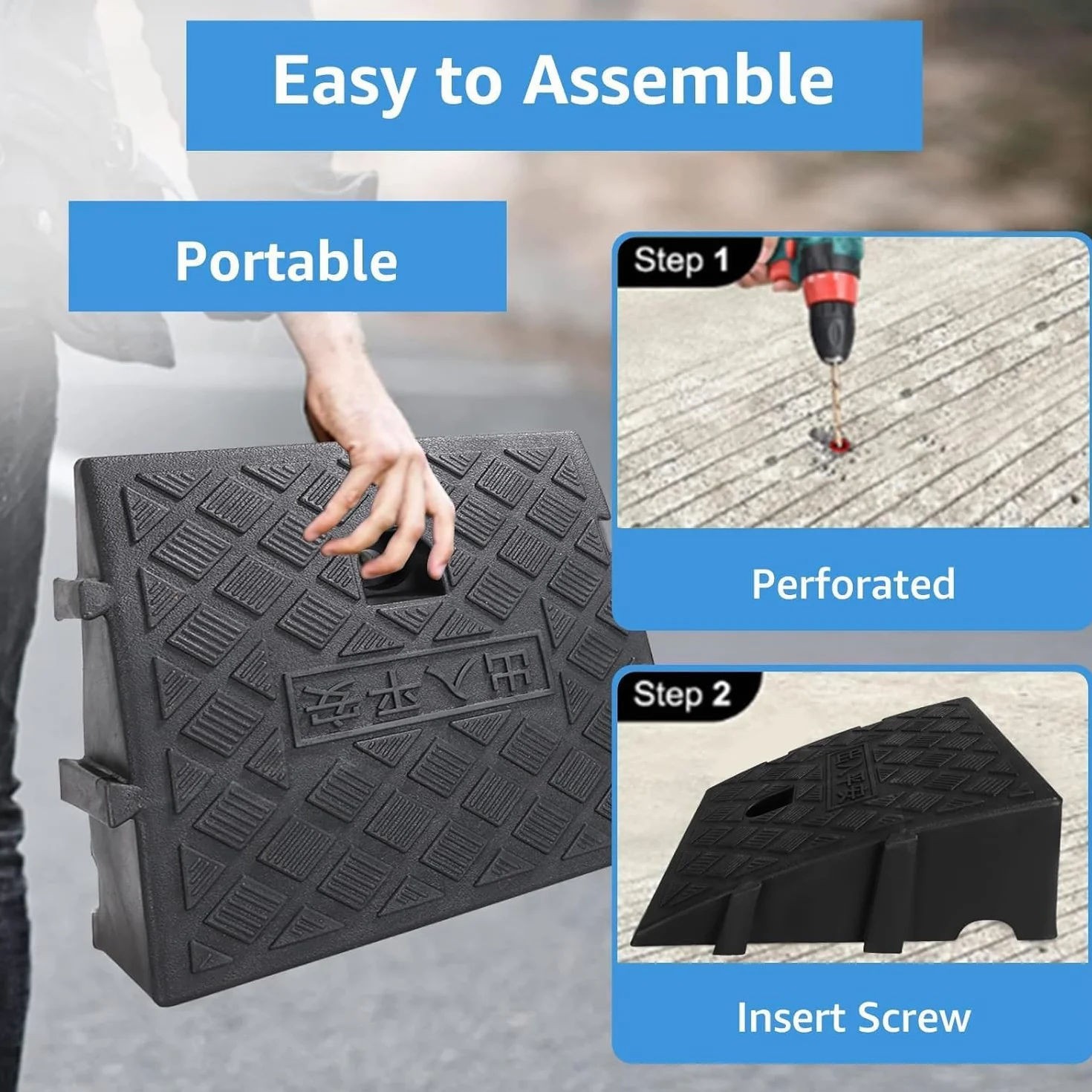 Pack de 2 rampas ligeras y portátiles, grandes con tornillos de expansión, fácil instalación para calzadas, aceras, coches, scooters, 25 x 27 x 11 cm