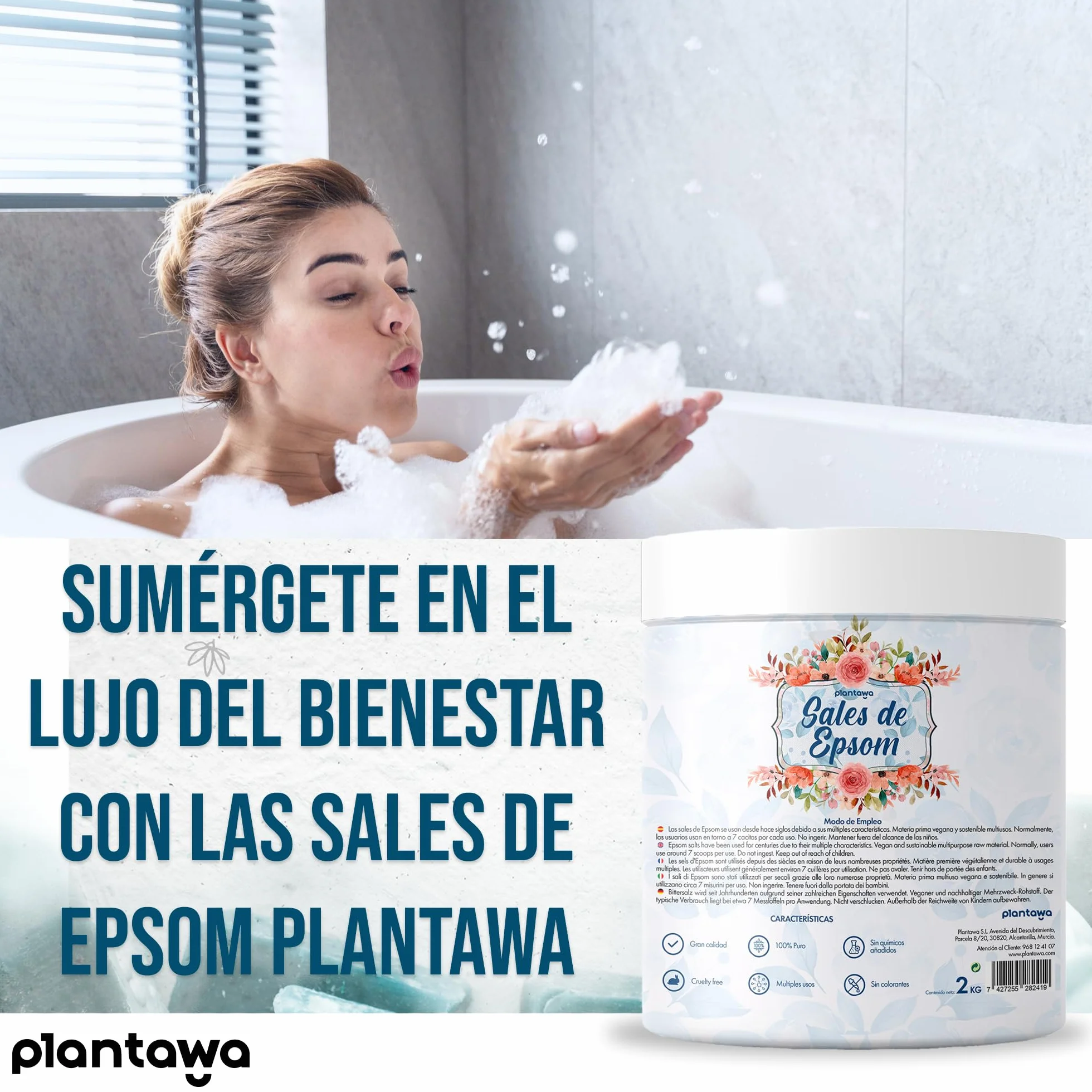 Sales de Epsom 2KG | Sales de Baño con Sulfato de Magnesio para Relajación Muscular | Aromaterapia Relajante, Baño Espumoso 100% Natural