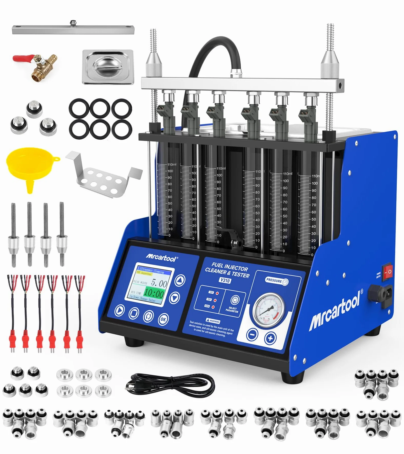 MR CARTOOL V310 Equipo Limpiador y Probador de Inyectores de Combustible, Kit de Limpieza Ultrasónica 110V/220V con 6 Cilindros para Inyectores Estándar GDI/EFI/FSI de Diésel y Gasolina