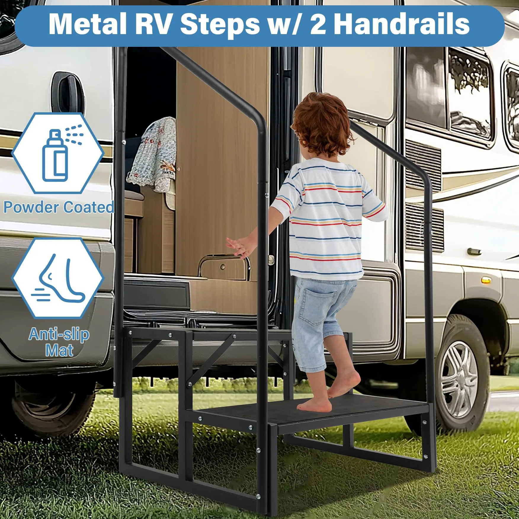 Escalones para caravana con pasamanos duales, escalones de bañera de hidromasaje de spa de 2 escalones con pedales antideslizantes, capacidad de carga de 400 libras, escalones portátiles universales