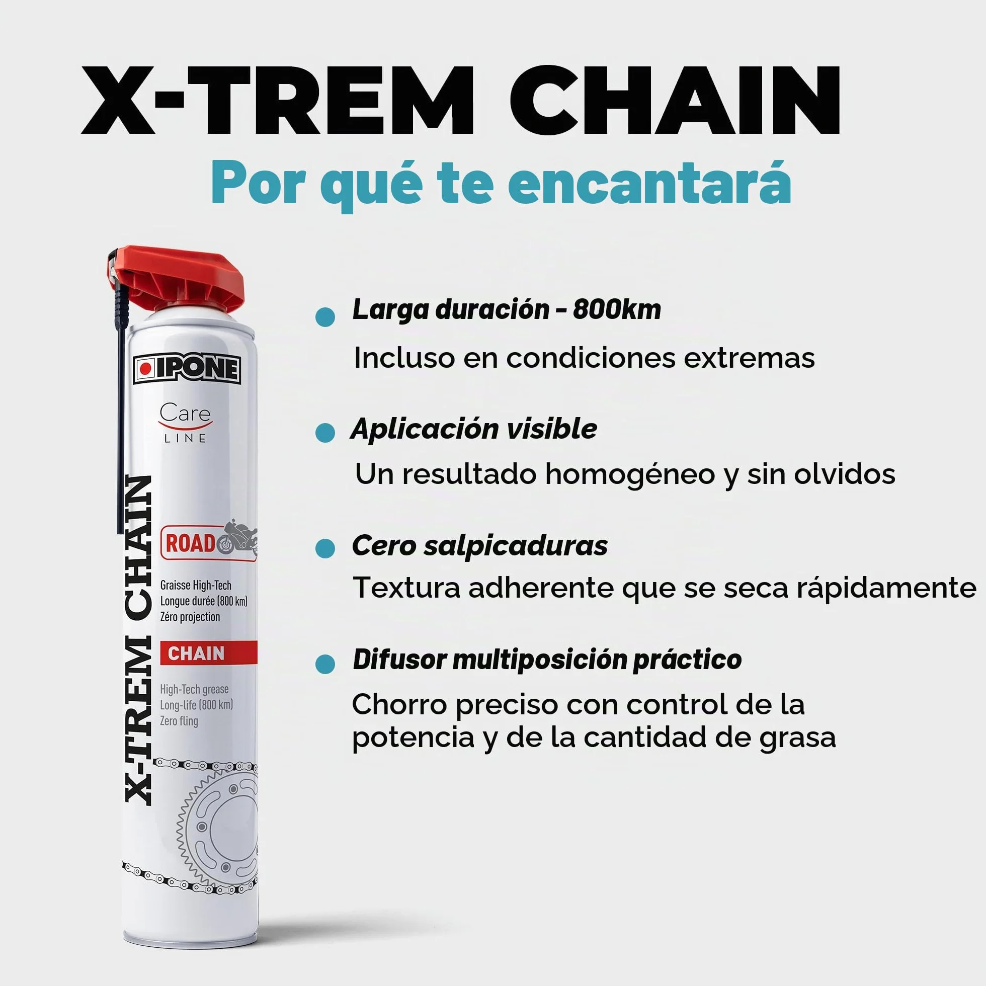 IPONE - Grasa para Cadenas Moto de Carretera X-trem Chain Road - 100 ml - Larga duración 800 km - Pulverización precisa sin Salpicaduras
