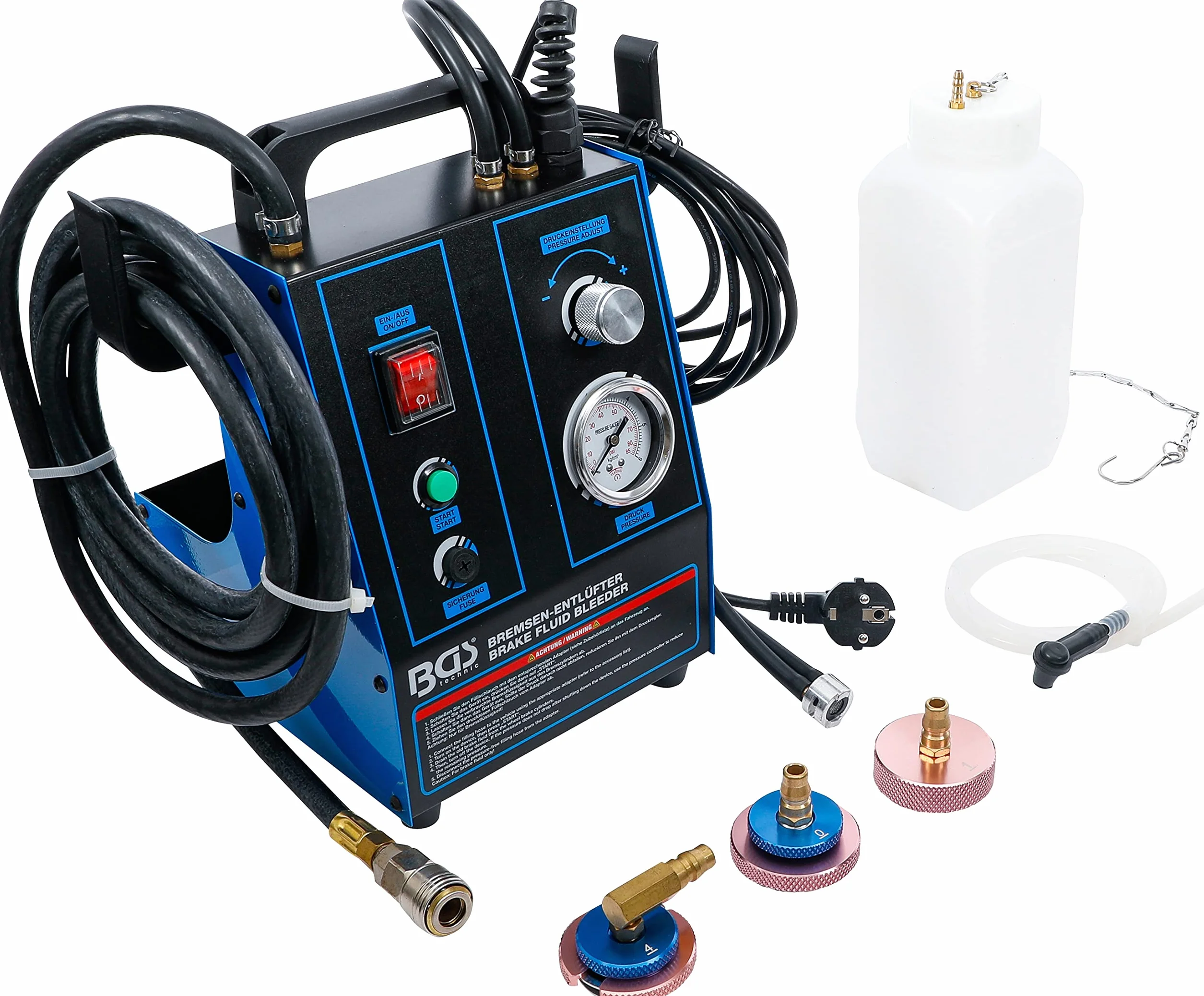 BGS 70909 | Purgador de frenos | 3 adaptadores, para sistemas de freno y embrague, manguera de llenado de 3,5 m, apagado con depósito vacío