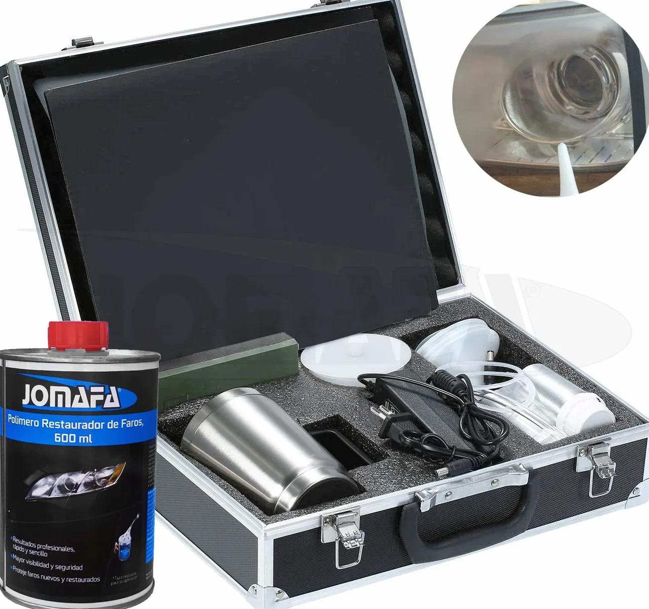 Kit de Restauración de Faros con Polimero Reparación de Arañazos Renovación de Faros con Caja Transporte | Incluye botella de 600 ml de POLIMERO (800 gr)