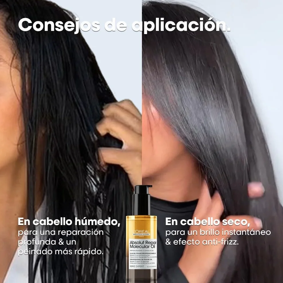 L'Oréal Professionnel Absolut Repair Molecular Aceite Bifásico Reparador 100 Horas de Brillo Antifrizz Protector Térmico Sin Aclarado