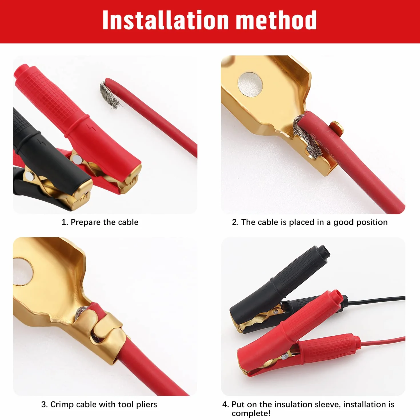VooGenzek 4 Piezas 100A Pinzas de Cocodrilo, Clips de Cocodrilo Aislados, Abrazaderas de Carga de Cobre Puro, para Cable de Carga de Coche (90mm, Rojo + Negro)