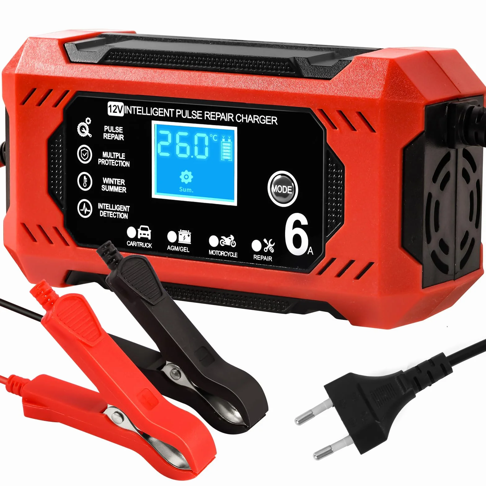 Cargador de Baterias Coche y Moto, Cargador Bateria Moto 12v 6A Inteligente