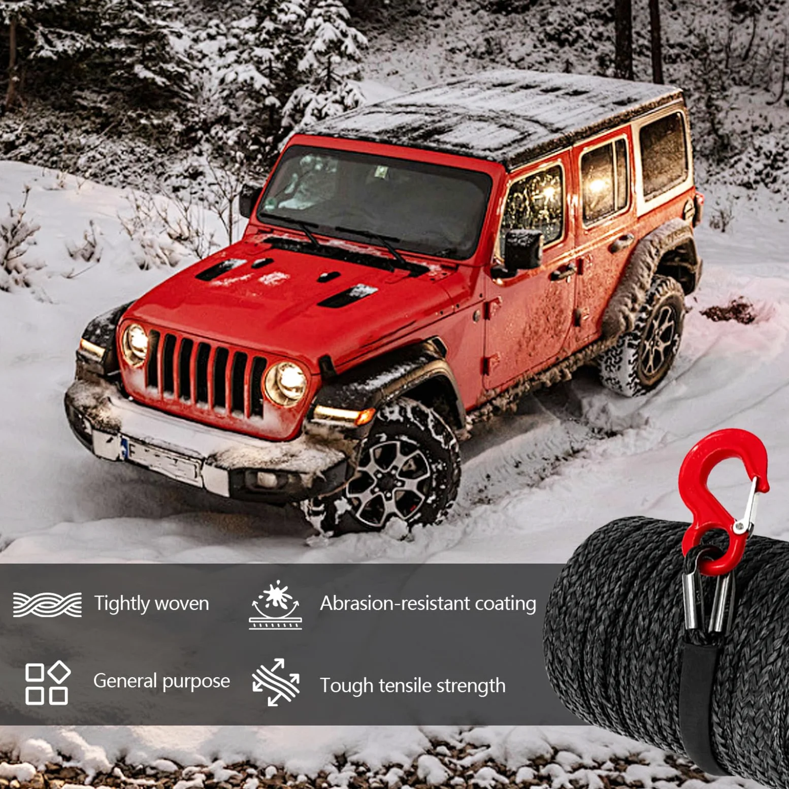 Cuerda de Remolque para Coche, Cabestrante 15m Largo 8mm Diámetro Cuerda Sintética de 12 Hilos 6000kg / 13228 Libra Cuerda de Plástico Cuerda de Remolque con Gancho Metálico para SUV ATV UTV, Negro