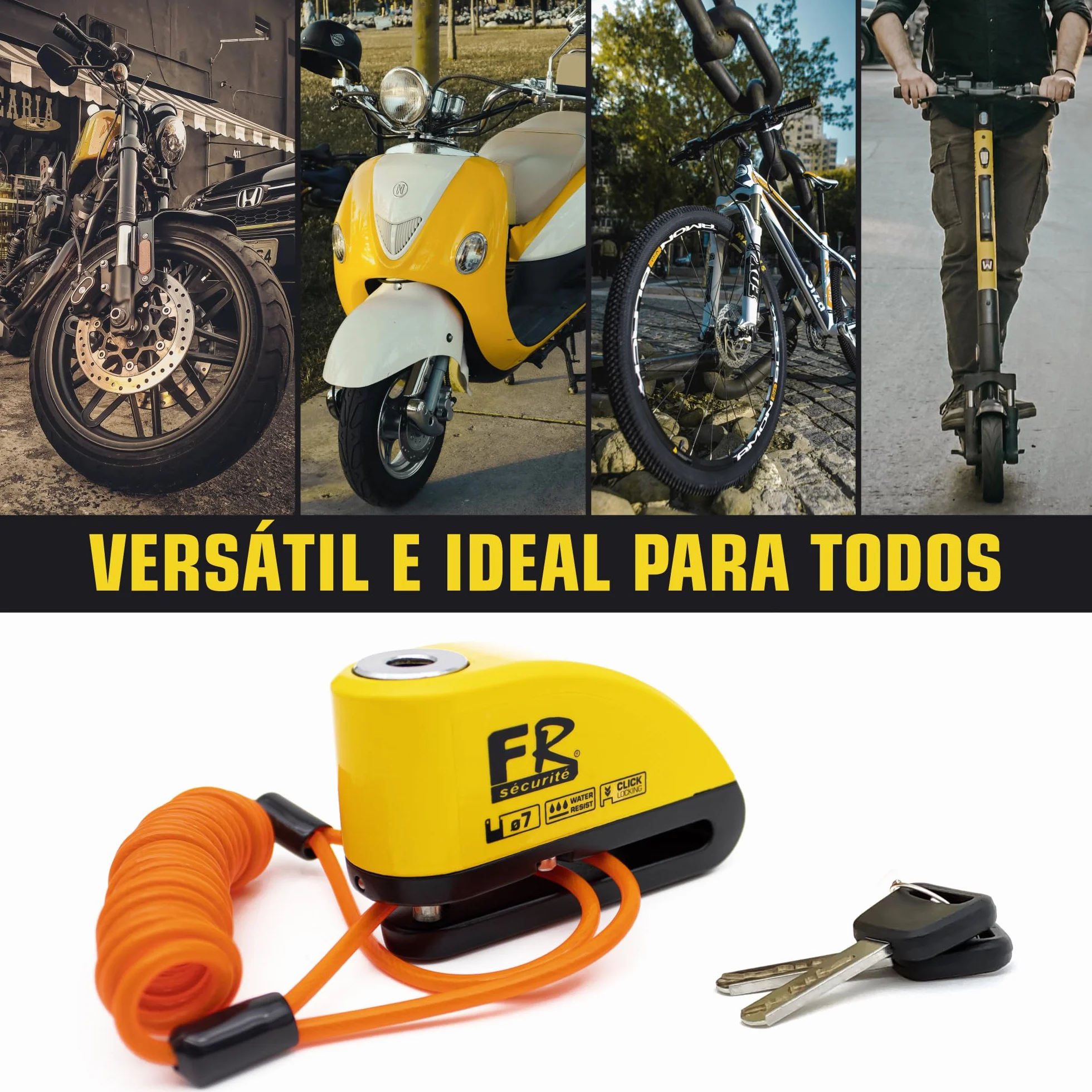FR Sécurité FR7Y Candado Moto Disco con Alarma 110 DB, Antirrobo Moto Freno 7mm con Accesorios 1.5m Cable Recordatorio y Candado Bolsa, Pinza Moto Antirrobo para Motocicletas Bicicleta