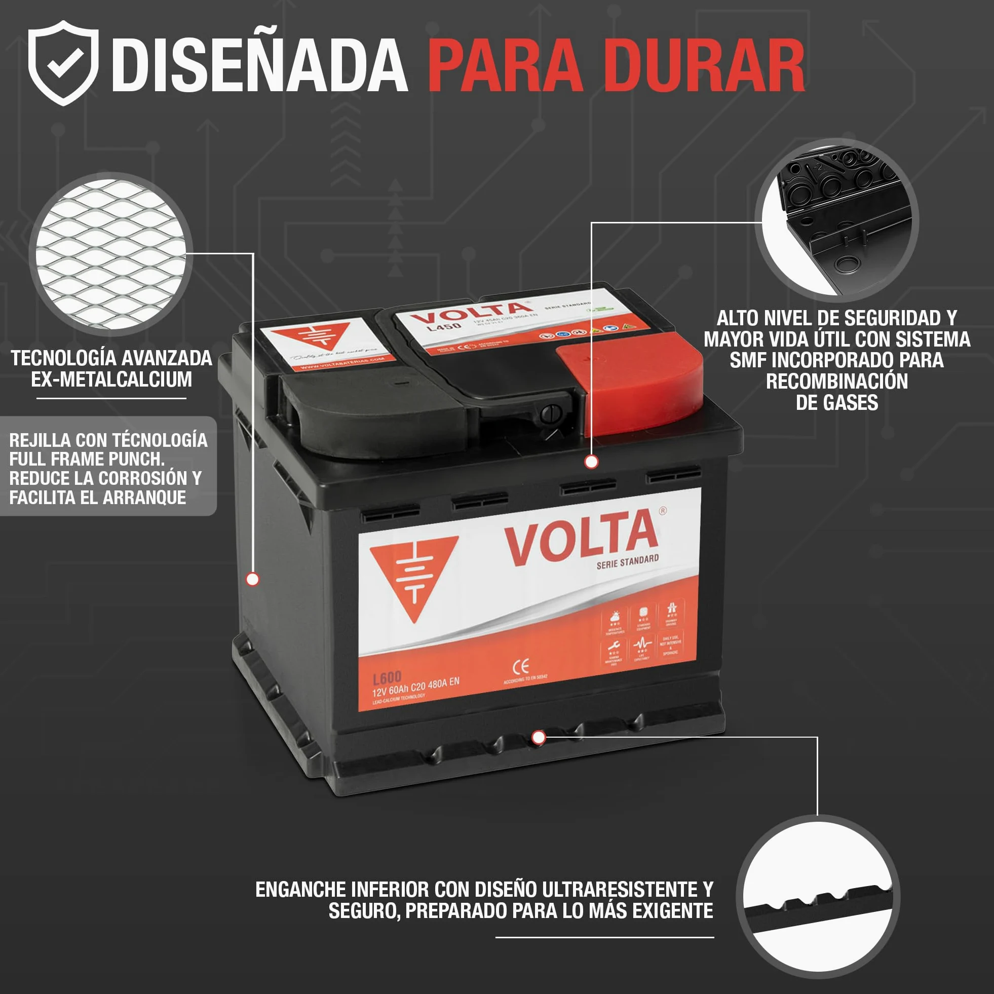 Batería De Coche 60Ah 480A EN Standard Volta L600D, bateria de automóvil de turismo, Plomo-Calcio, Batería 60Ah - Borne +Dcha - Medidas 242 x 175 x 190mm con 2 años de Garantía - Fabricación Europea