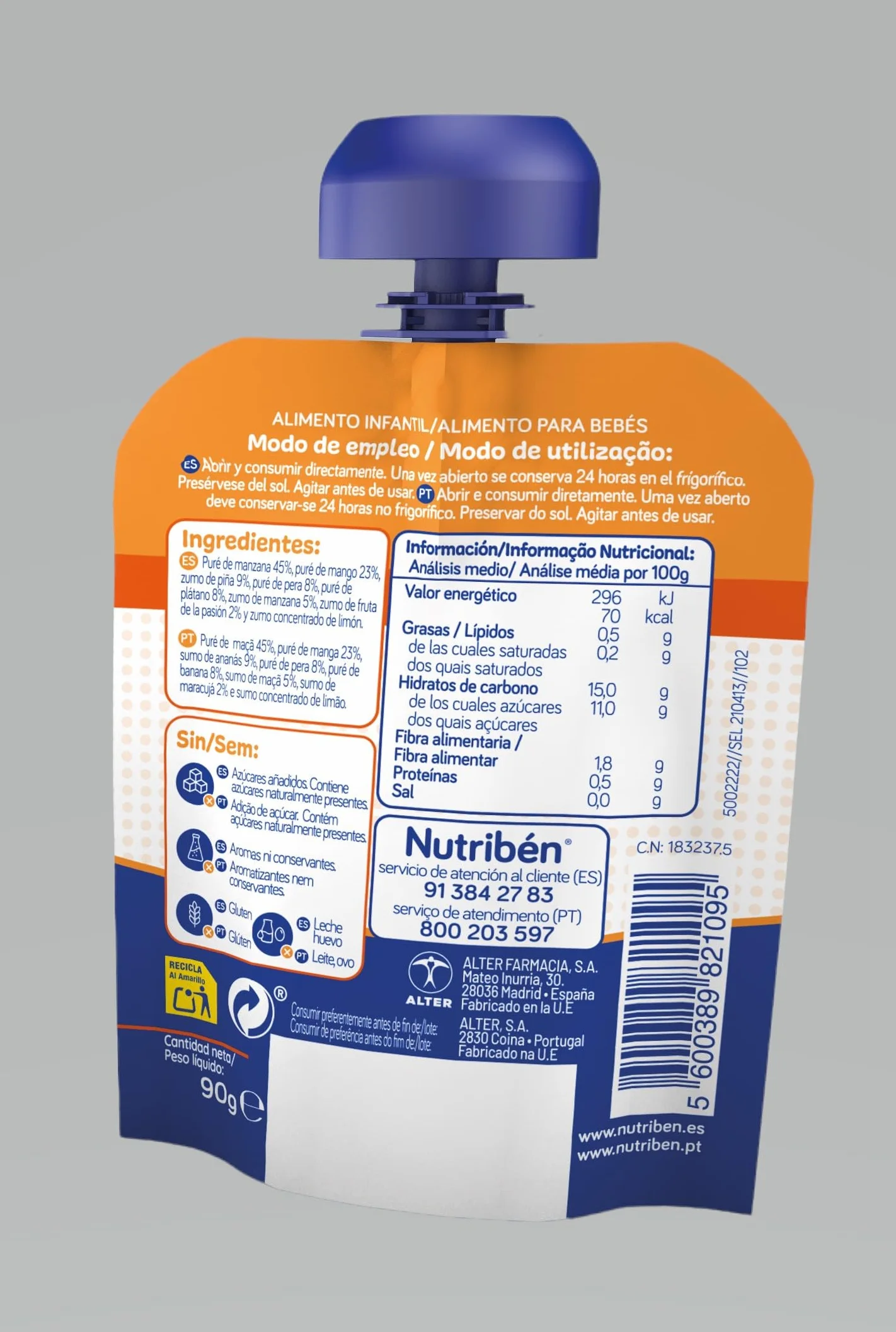 Nutribén Fruta And Go Bolsita de Puré de Frutas 100% Natural, Frutas Variadas Pack de 10 x 90g