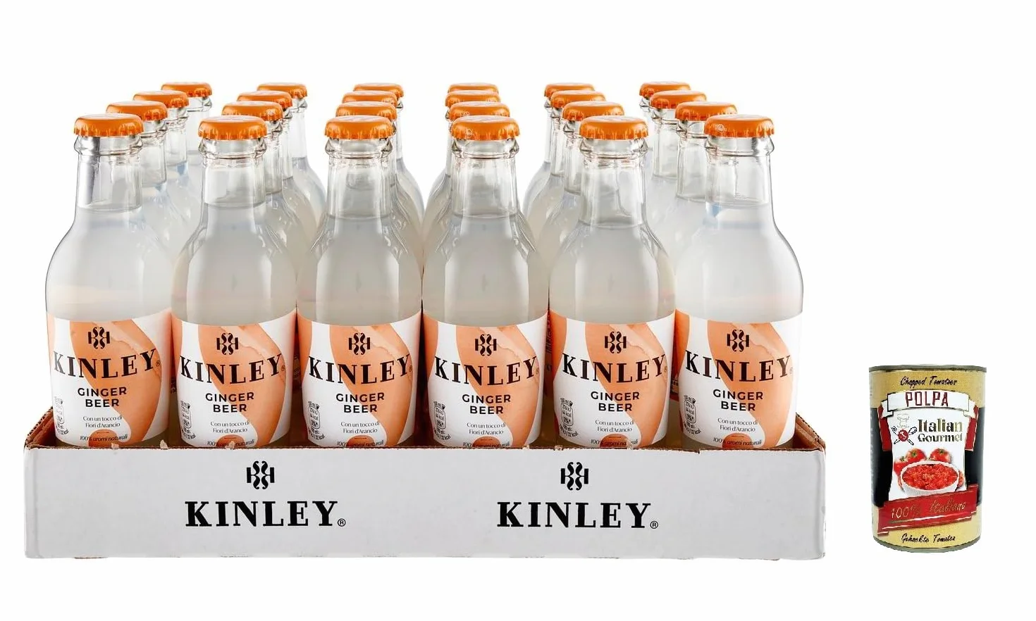 Kinley Ginger Beer, 24 botellas de cristal de 200 ml, cerveza de jengibre para mixología, bebida no alcohólica + Polpa italiana gourmet