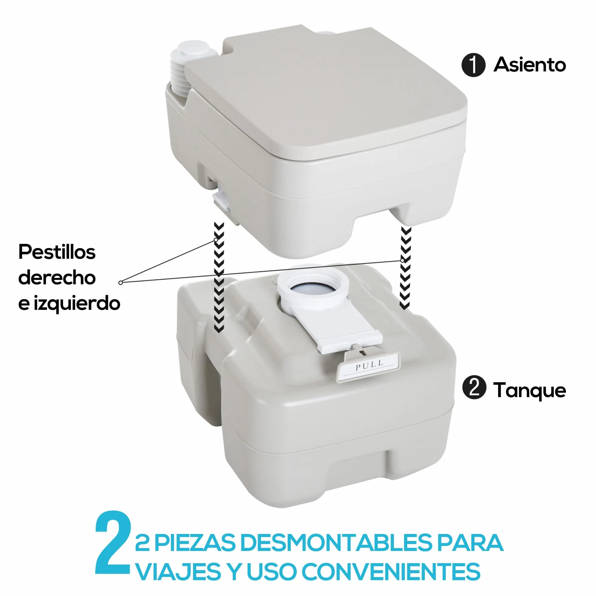 HOMCOM Inodoro Portátil Químico Baño Móvil WC 20L con Extraíble Tanque de Aguas Residuales y Tanque de Agua para Camping Viaje Ancianos Caravana Barco con Cisterna Carga 147 kg 41,5x36,5x42 cm HDPE