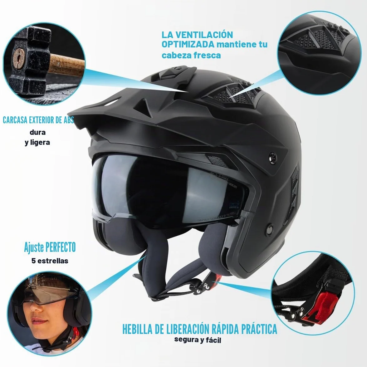 VINZ Kioto Casco Jet con Visera Solar | Casco Streetfighter para Scooter & Moto & Ciclomotor | ECE 22.06 Homologado | En Tamaño XS - XXL | para Hombre y Mujer