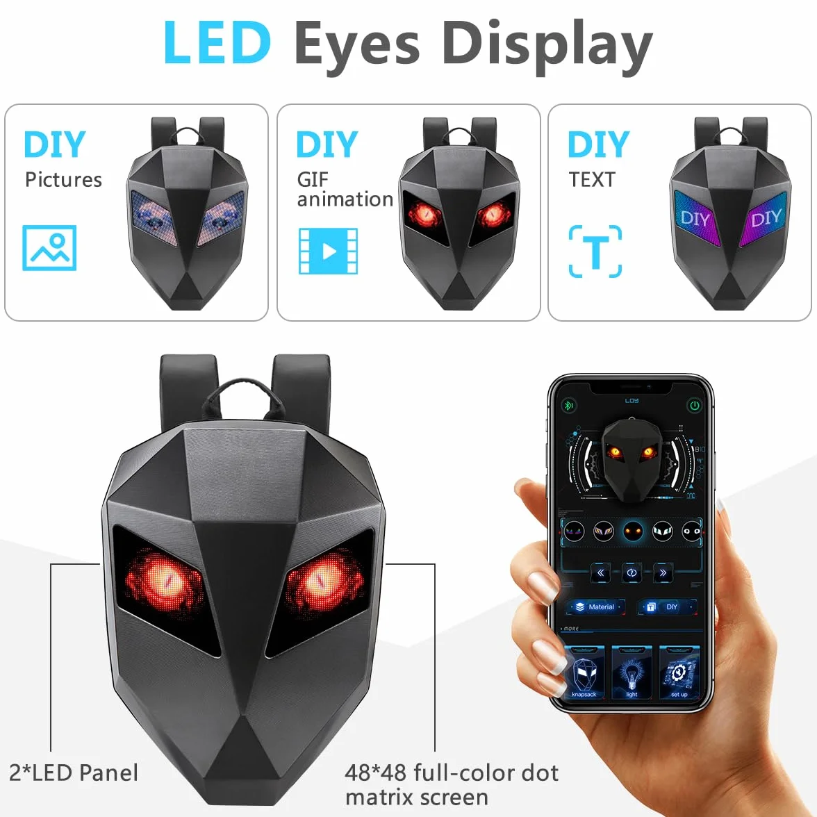 Mochilas dinámicas APP DIY Mochila para ordenador portátil, mochila de motocicleta con indicador de ojos LED, 3D Hard Shell Casco, bolsa de viaje programable dinámica pixel Daypack