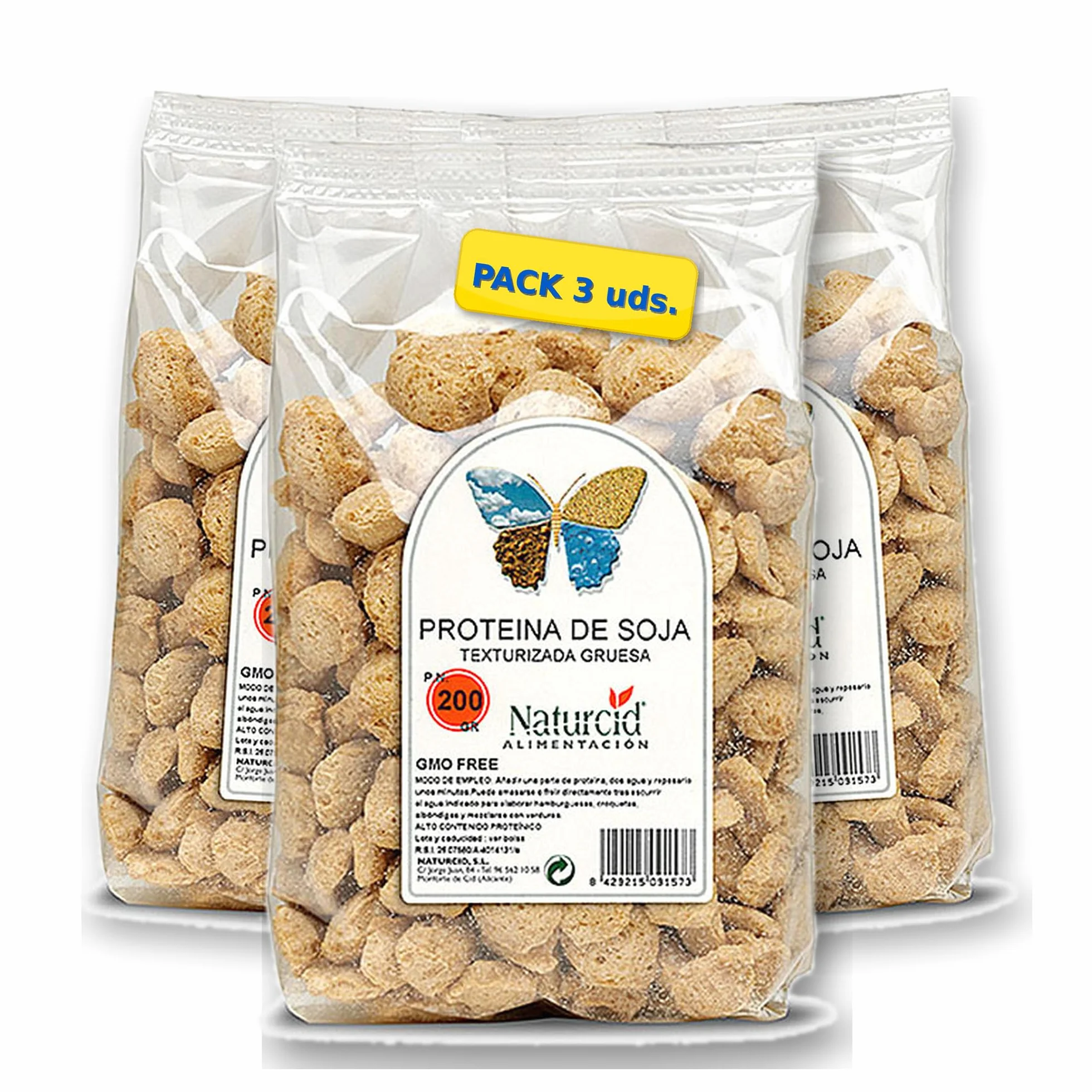 Proteína de Soja Texturizada Gruesa Natur 3 x 200 g (600 g) – Soja texturizada vegana, alta en proteína, para guisos y boloñesa