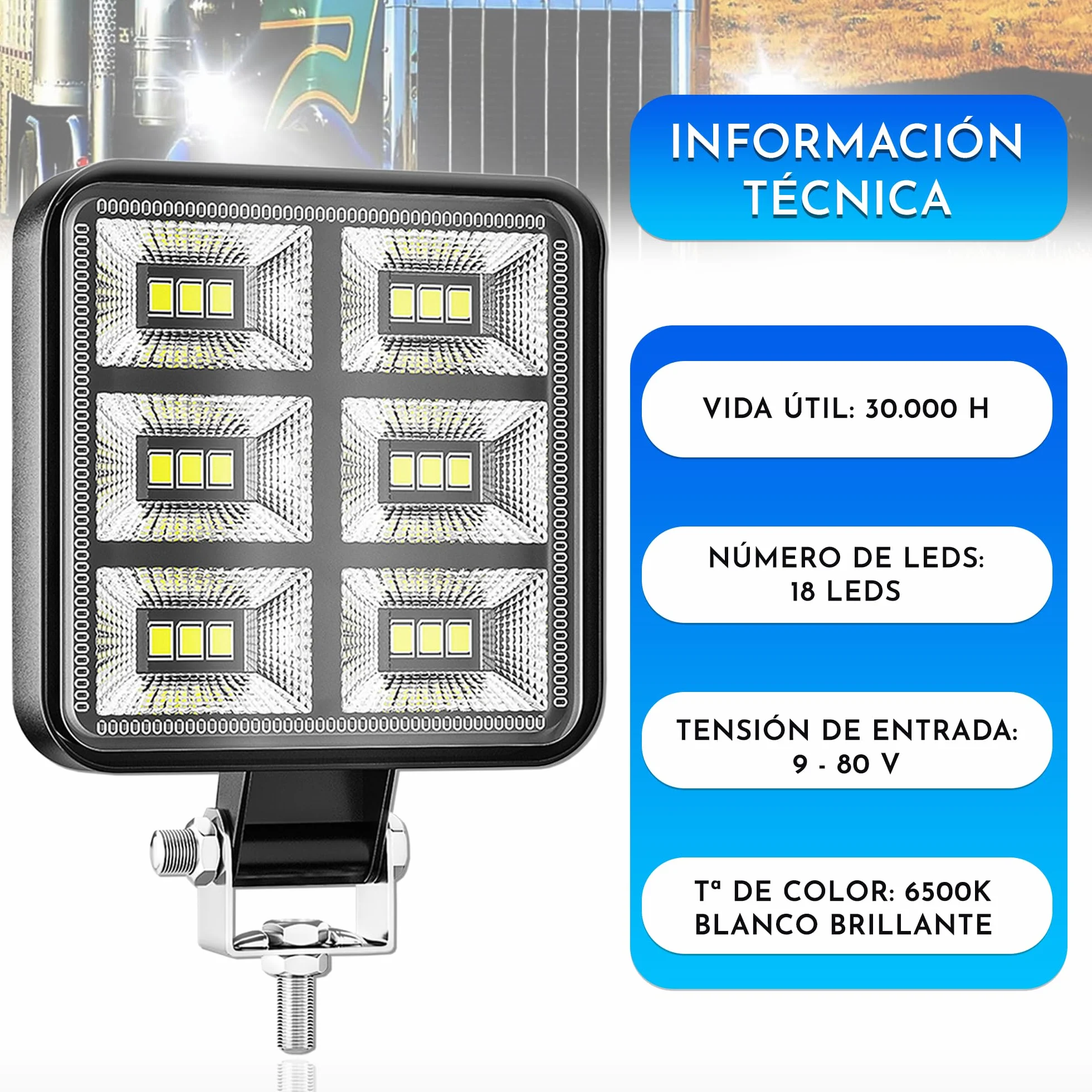 Foco led 12v 2 uds Aluminio abs 18 Leds 6500K 8.4 cm 3.34" IP65 Maxima luminosidad Faros Tractor 4x4 Largo Alcance