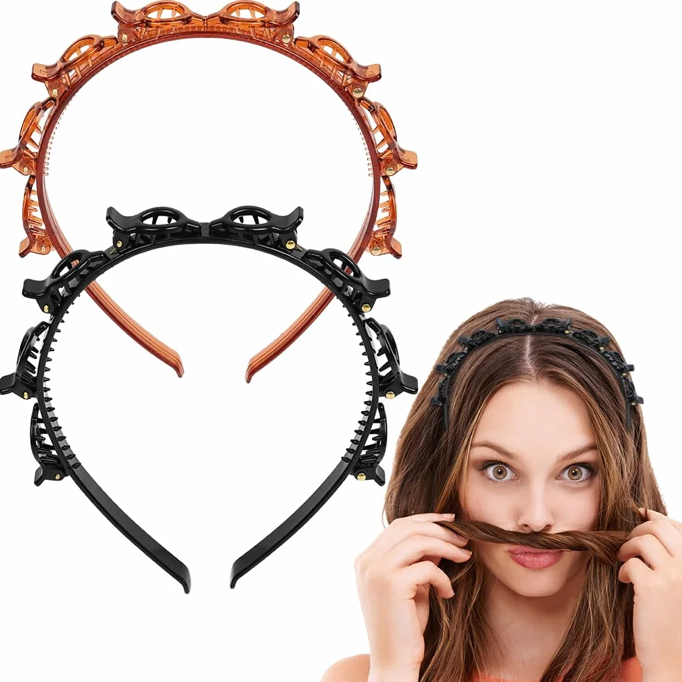 Diadema con Pinzas 2 Piezas para Mujer, Clips de Plástico, Banda para el Cabello con Horquillas, Doble Trenza, Doble Flequillo (Negro+Rojo)