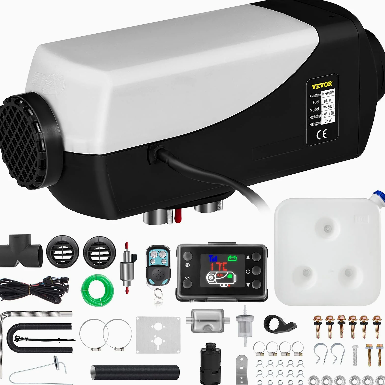 FlowerW Calentador de Aire Diesel 12V 8KW Calentador de Combustible Calefacción Estacionaria Diesel Calentador Coche Diesel con Interruptor LCD, Blanco y Negro