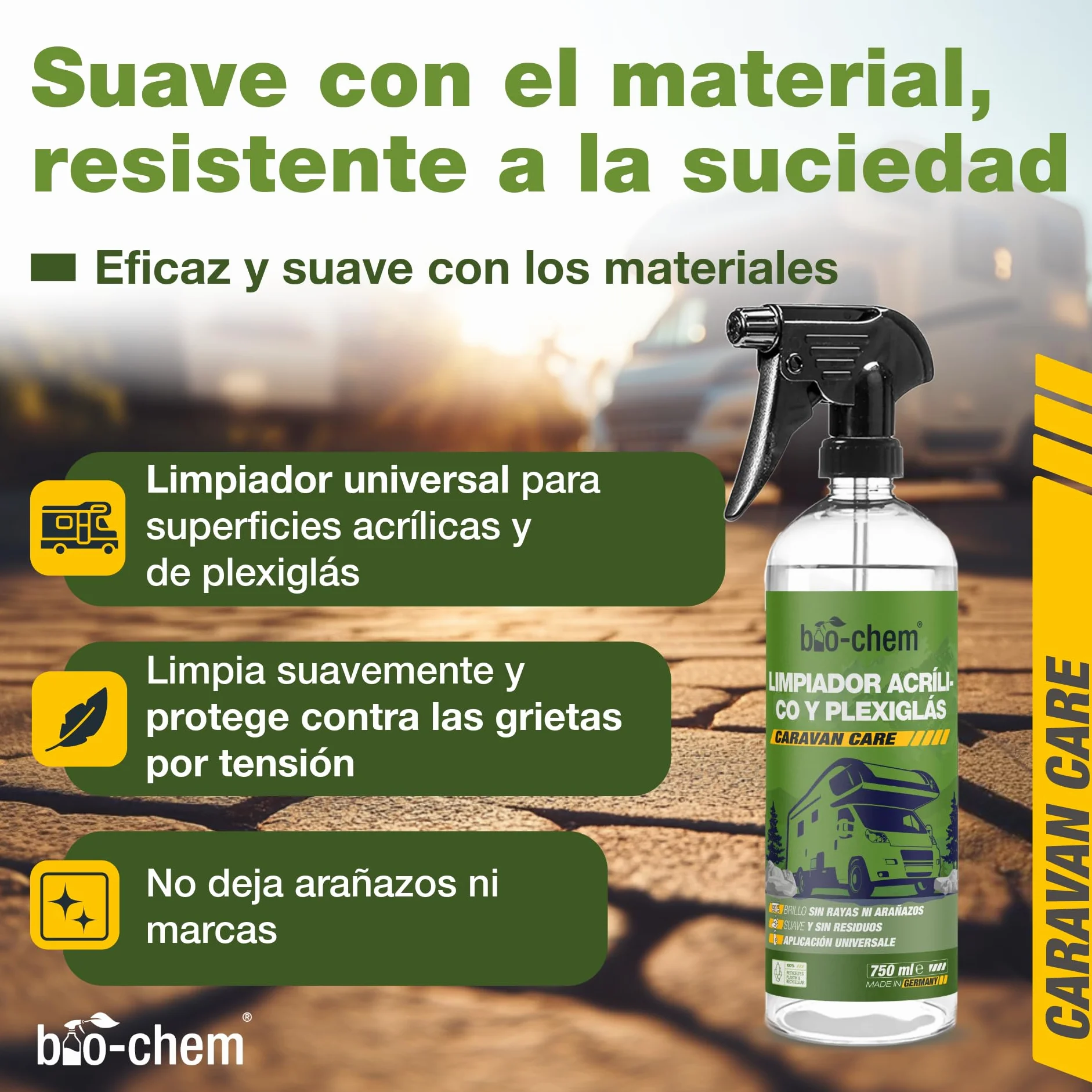 Bio-Chem - Limpiacristales acrílico y plexiglás 750 ml - Limpiacristales para caravanas, autocaravanas y automóviles - Spray líquido limpiacristales para automóviles