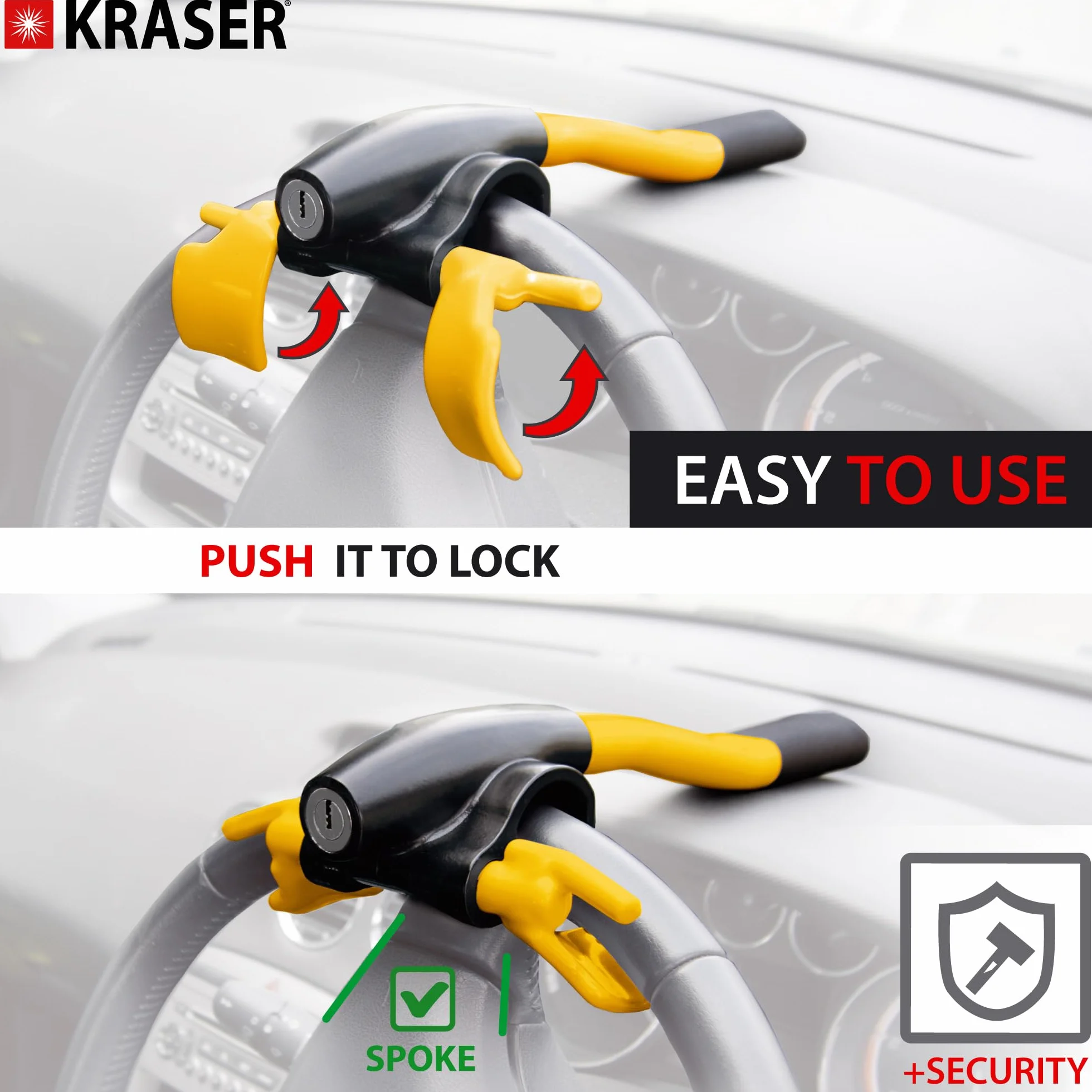 KRASER KR855Y Antirrobo Coche Volante Salpicadero Más Visible, Seguridad Extra Alrededor del Radio, Cierre Más Rápido Sin Llave, Bloqueo Barra Antirobo Universal para Camper, SUV, Autocaravana, Auto