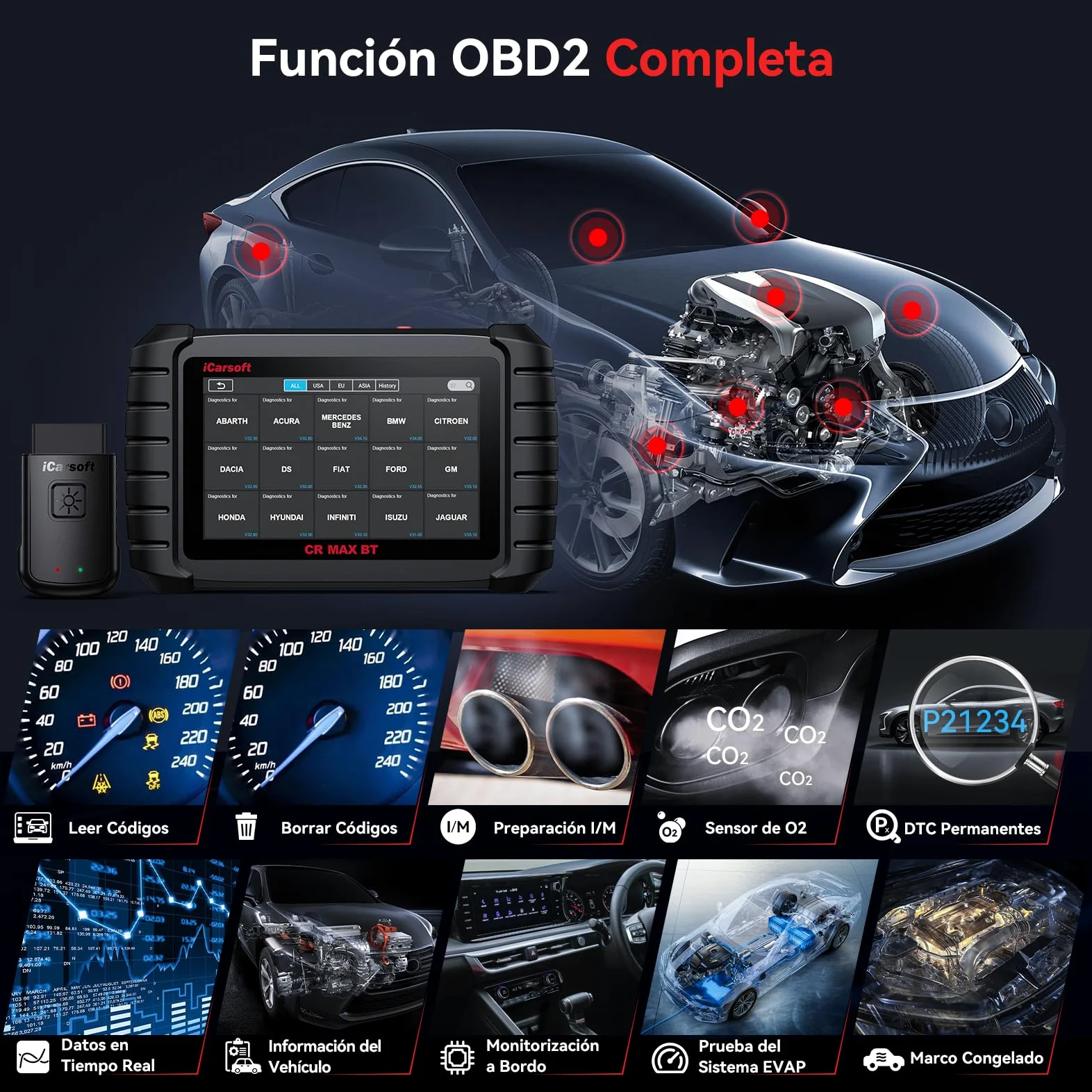 iCarsoft CR MAX BT OBD2 Máquina Diagnosis Coche Multimarca, Bidireccional Escáner de Todo el Sistema, 49 Funciones Reinicio, Codificación de ECU, CANFD, Vin Automático, 2 Adaptadores Incluidos