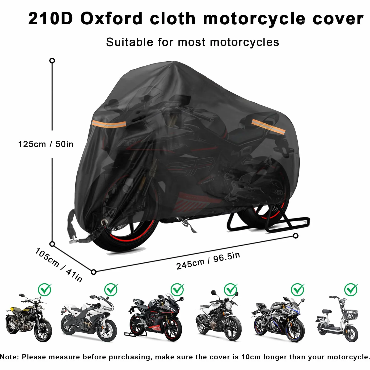 USHOP Funda para Moto Exterior XXL,Funda Moto,Tejido Oxford 210D,protección UV,con Bandas Reflectantes,Orificio para candado y Correas antiviento,para Motos,Scooter(245x105x125 cm)