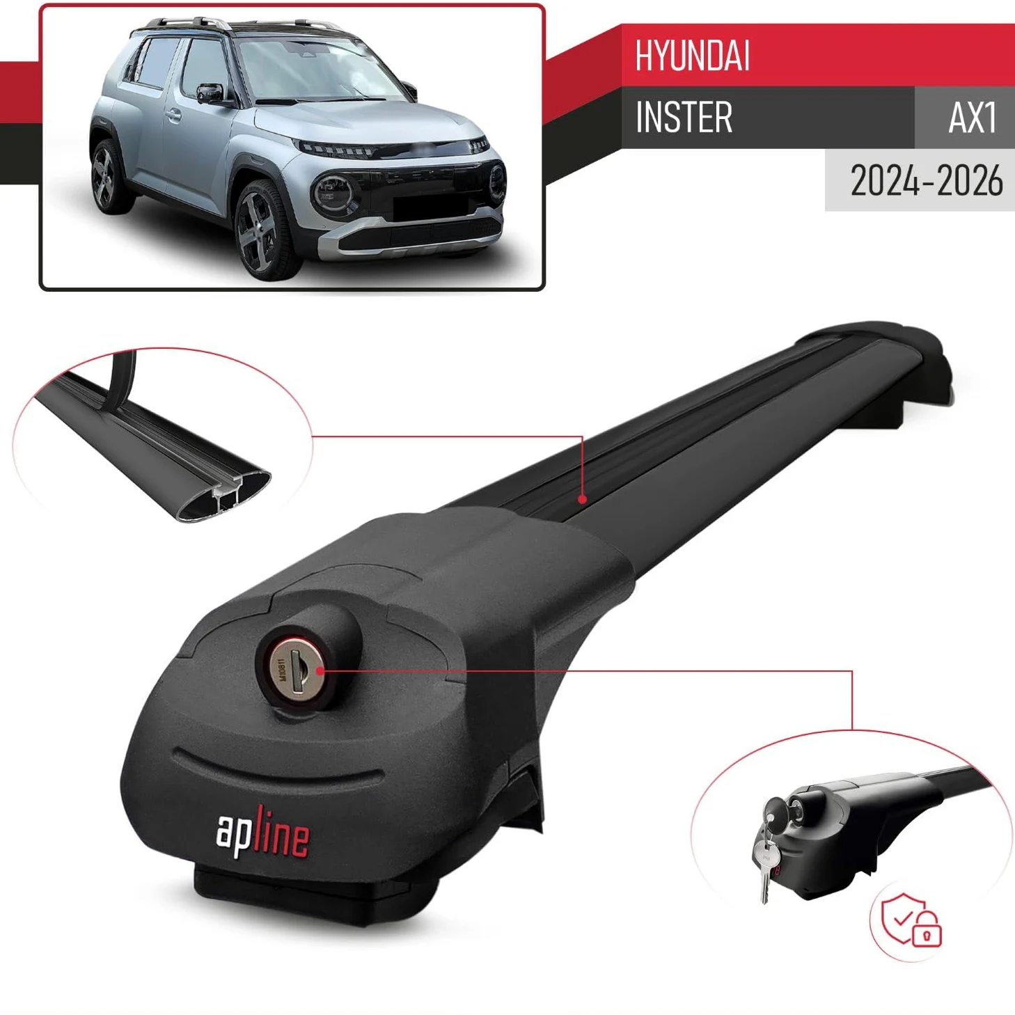 Compatible con Hyundai Inster 2025-2026 Ace-1 Barras de Techo Auto Portaequipajes Barras Transversales Negro Aluminio 2 Barras