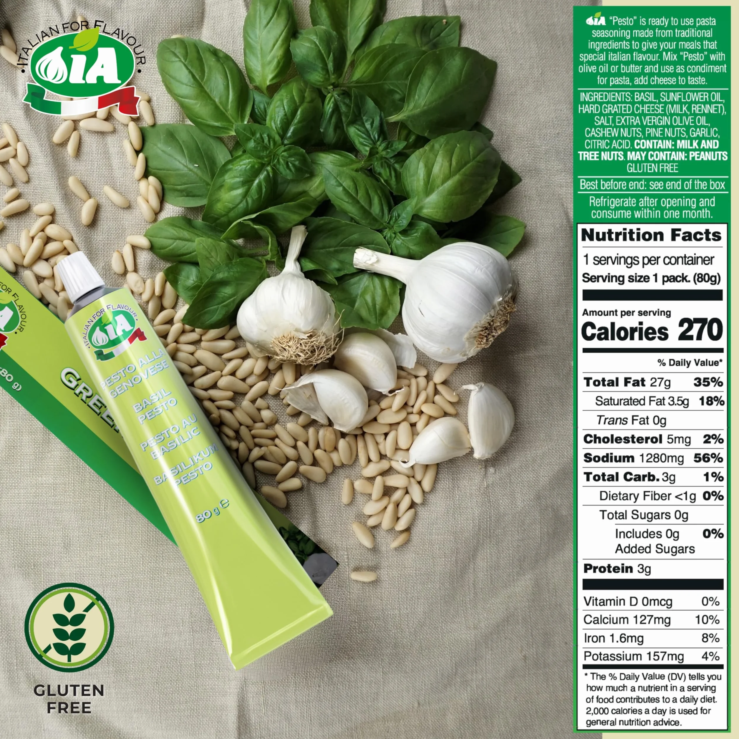 Pesto Verde en Tubo 80g Sin Gluten, Listo para Usar – Condimento para Aperitivos y Recetas