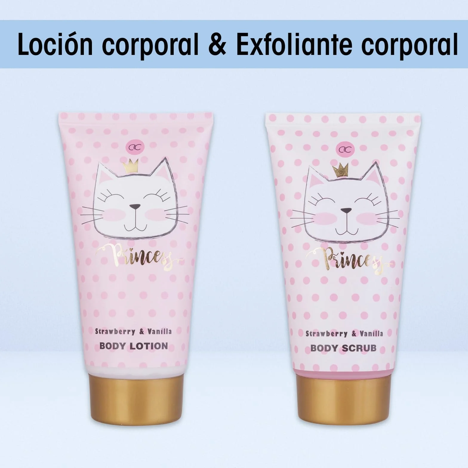 Accentra PRINCESS KITTY Juego de regalo baño mujer 250 ml gel de ducha loción exfoliante crema bombas baño esponja cesta fresa vainilla