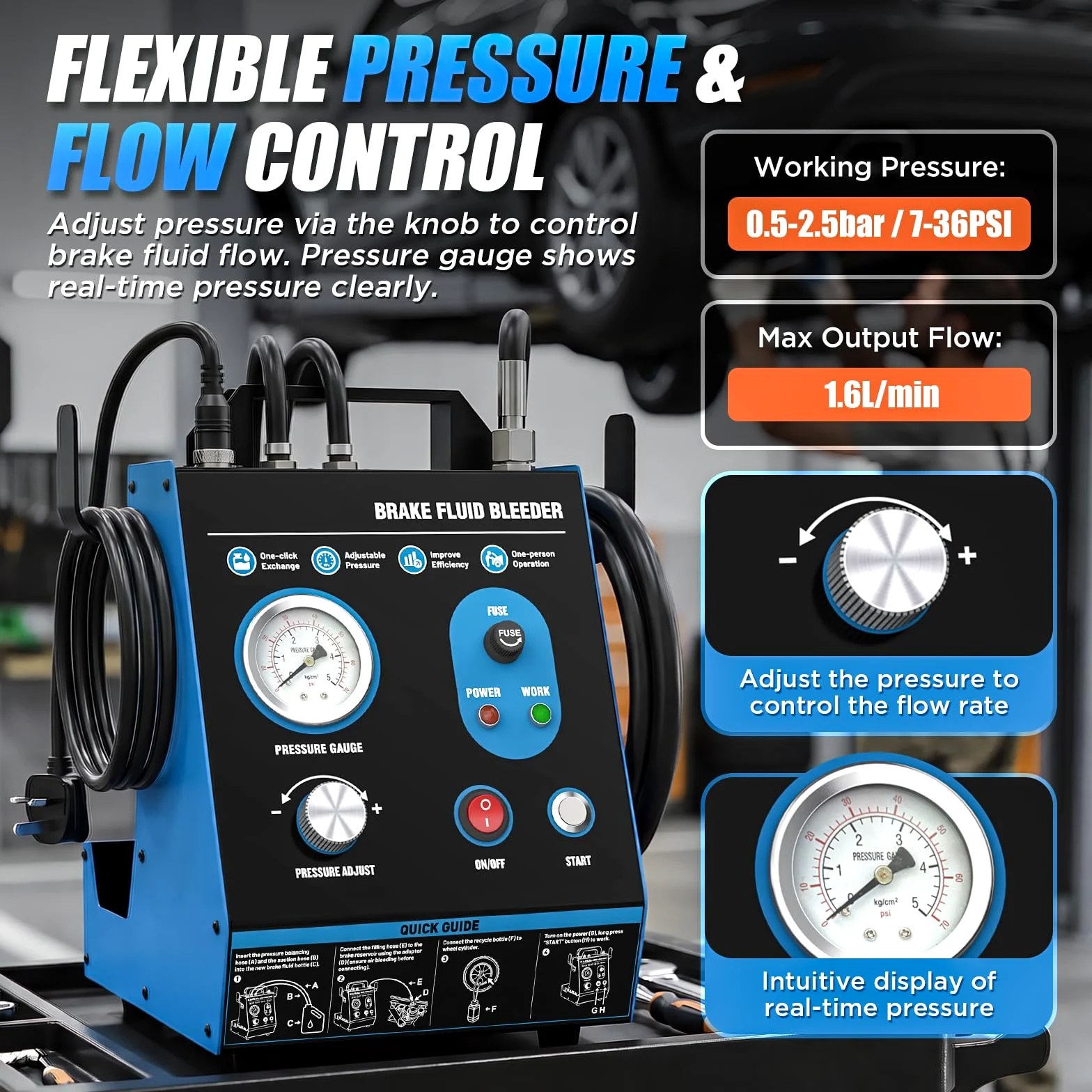 Kit de purga de frenos automática de 220 V, purgador de líquido de frenos de pulso de potencia 7-36 PSI, relleno de vacío sin aire, purga de freno de presión ajustable con protección contra