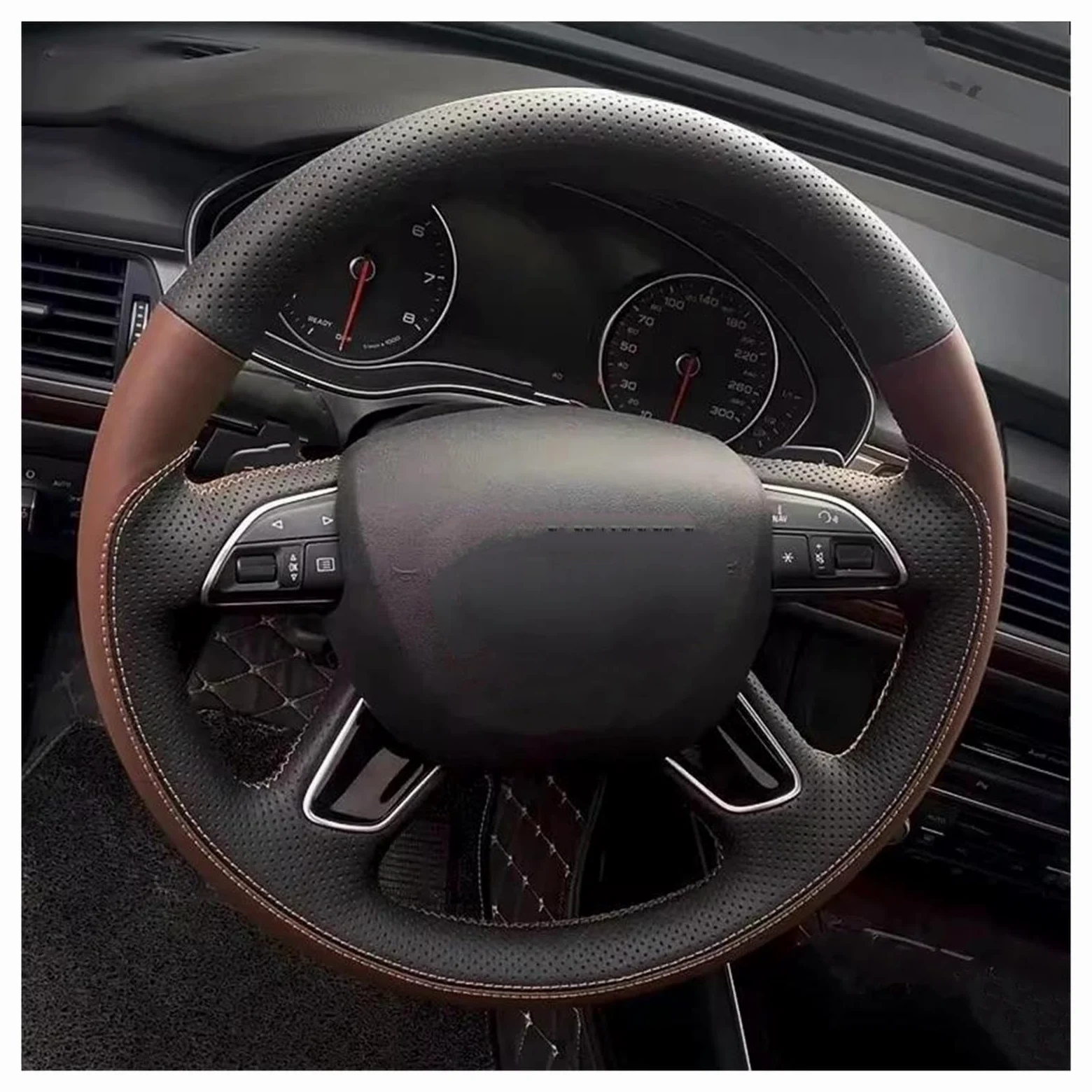 Fundas para Volante Coche para A3 A4 2013-2018 A6 2005-2018 Q3 2012-2018 Q5 Q7 2013-2018 Funda de Volante de Coche de Cuero marrón Negro Cosida a Mano(Negro)