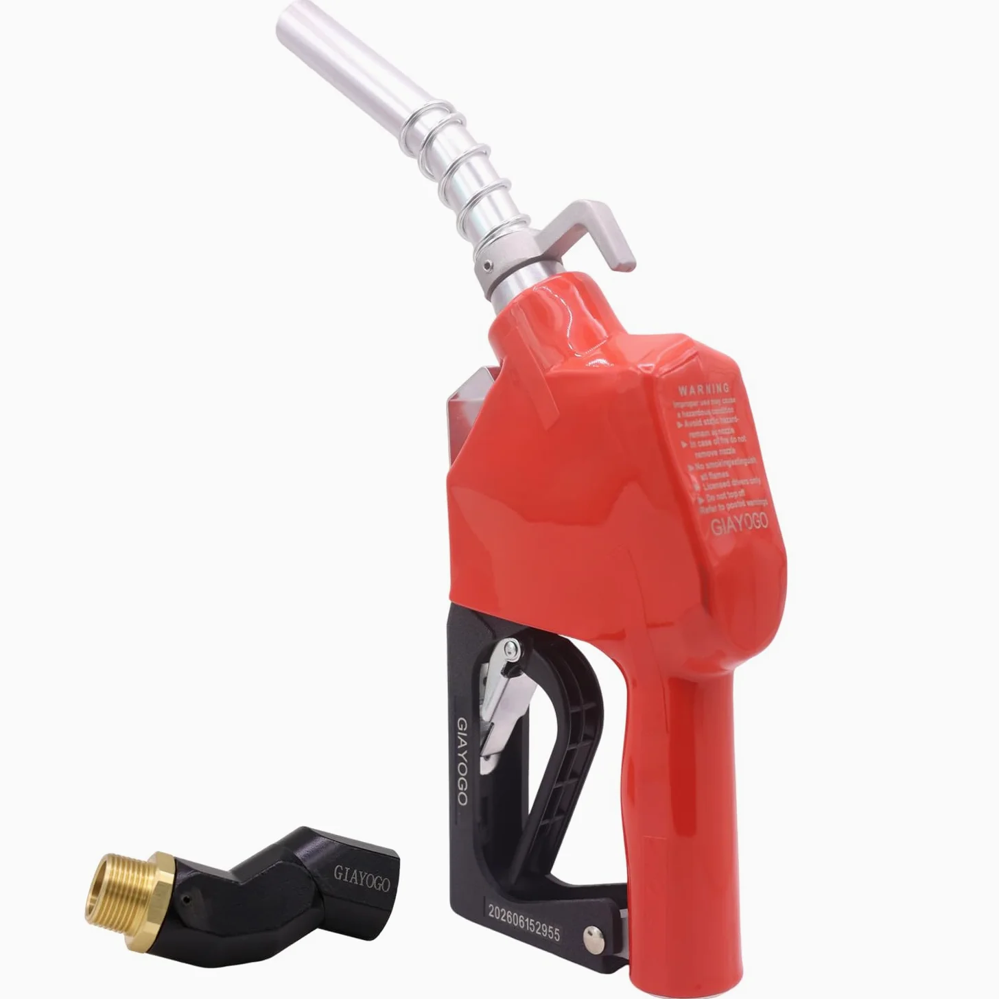 Boquilla de combustible de apagado automático NPT rojo de 3/4 pulgadas, giro de manguera de combustible, flujo alto de 16 GPM, protector de mano BP, gancho para colgar boquilla de 13/16