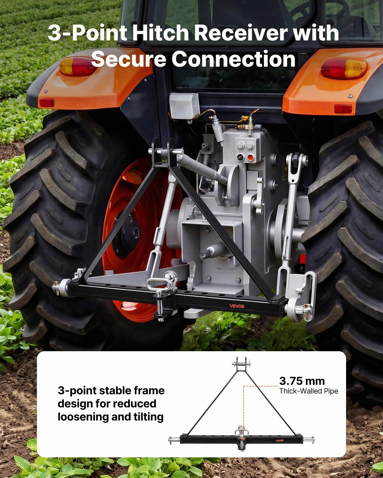 VEVOR Enganche de Remolque de 3 Puntos, Adaptador de Acoplamiento con Enganche de Cabeza Esférica, Compatible con Tractores de Categoría 2 de Kubota Mahindra Ford Yanmar John Deere Massey Ferguson