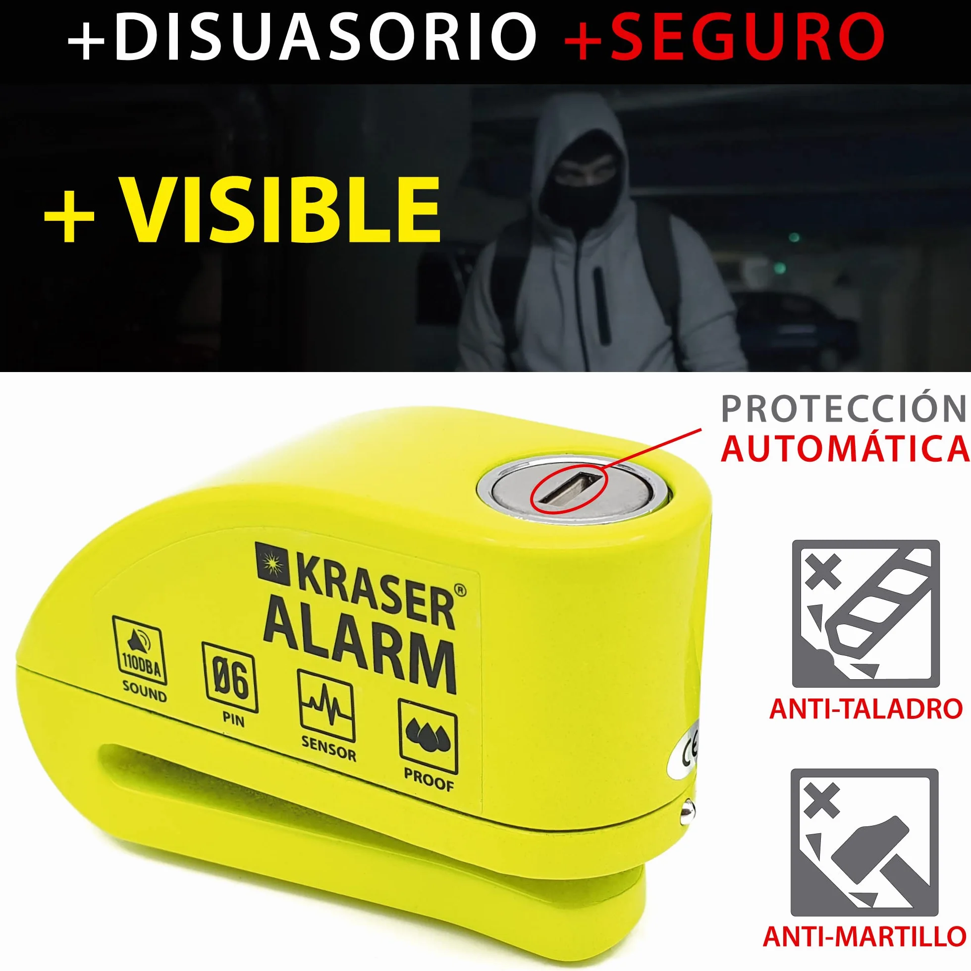KRASER KR6Y Candado Moto con Alarma 110dB Antirrobo Disco Reforzado 3 Llaves Alta Seguridad Impermeable
