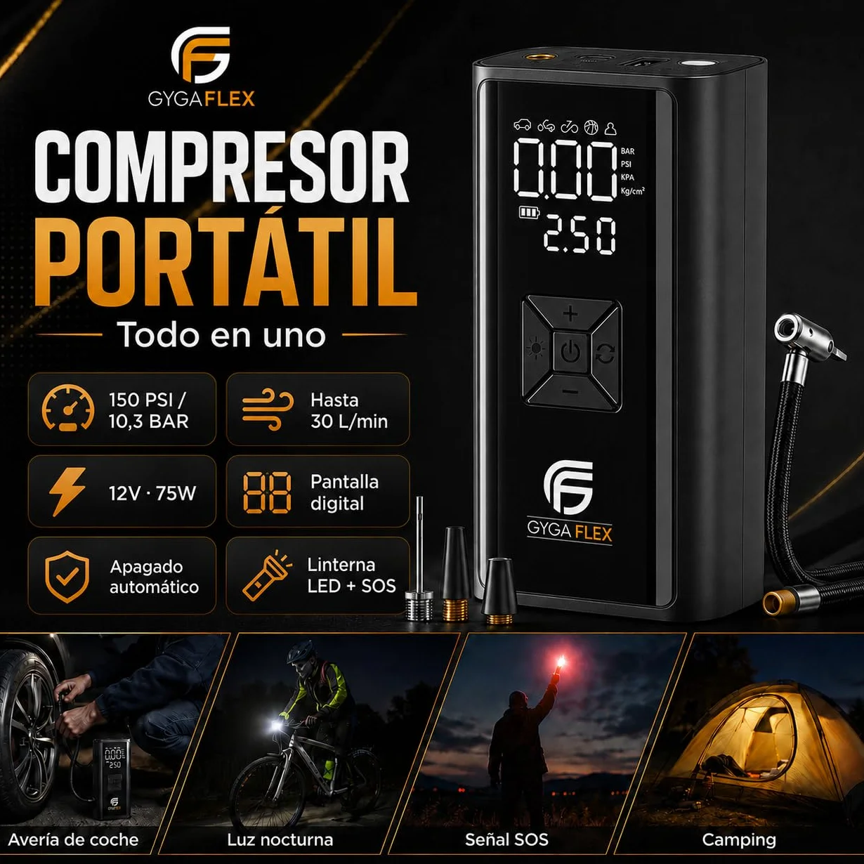 Inflador Ruedas Coche 30L/Min, Compresor Aire Portátil 150 PSI/10,3 Bar, Batería Recargable y Cable 12V 3M, Manómetro Digital, Apagado Automático, LED SOS, para Coche Moto Bicicleta Pelotas