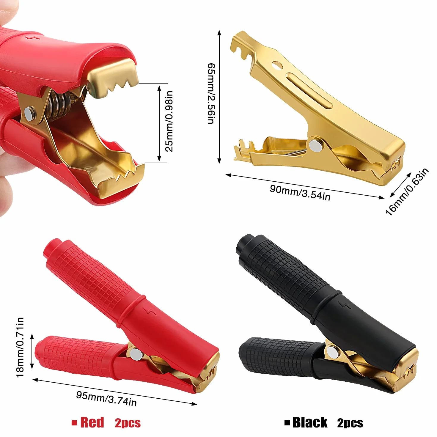 VooGenzek 4 Piezas 100A Pinzas de Cocodrilo, Clips de Cocodrilo Aislados, Abrazaderas de Carga de Cobre Puro, para Cable de Carga de Coche (90mm, Rojo + Negro)